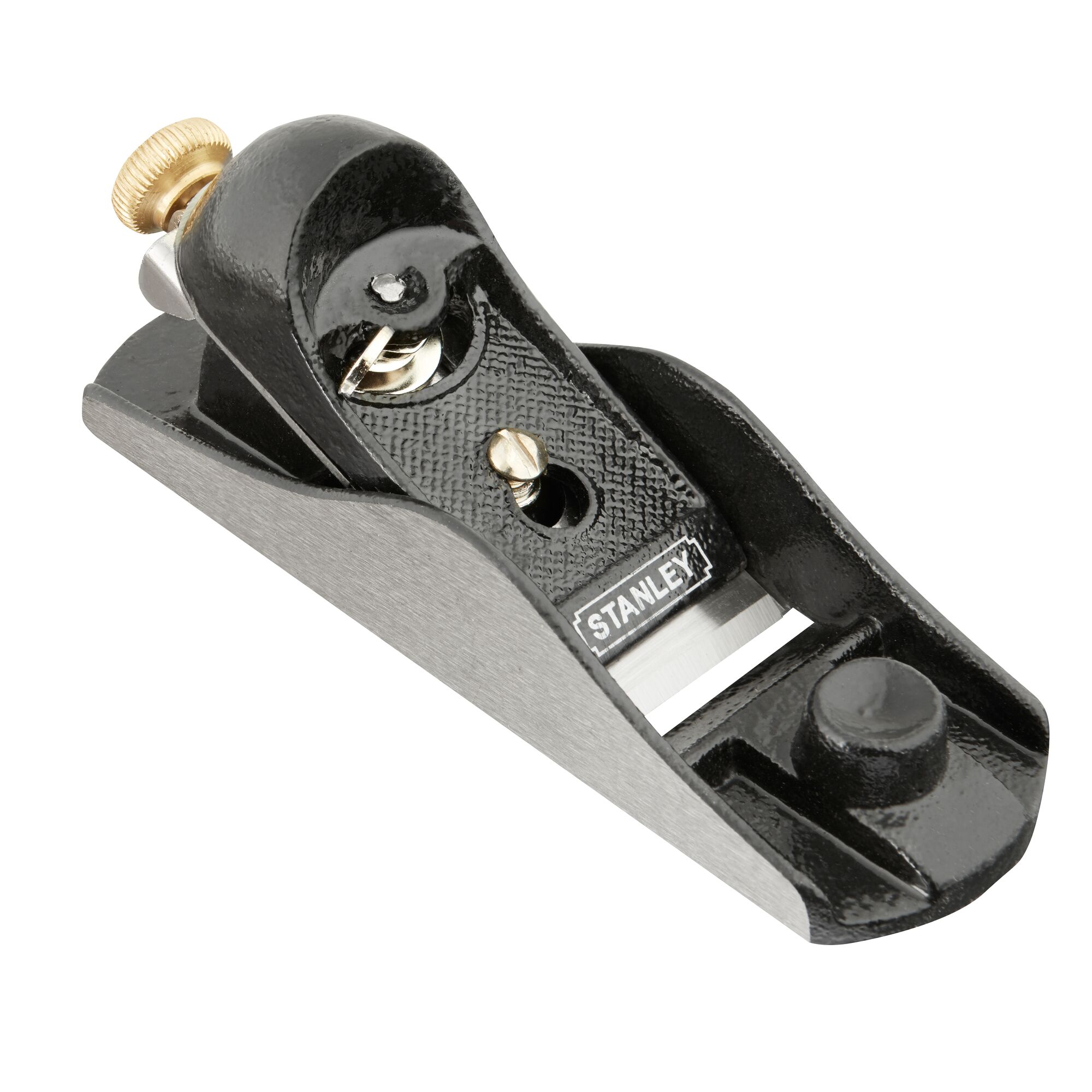 STANLEY 1-12-220 block plane, black and silver hand tool, three-quarter angle, metal adjustment knob.