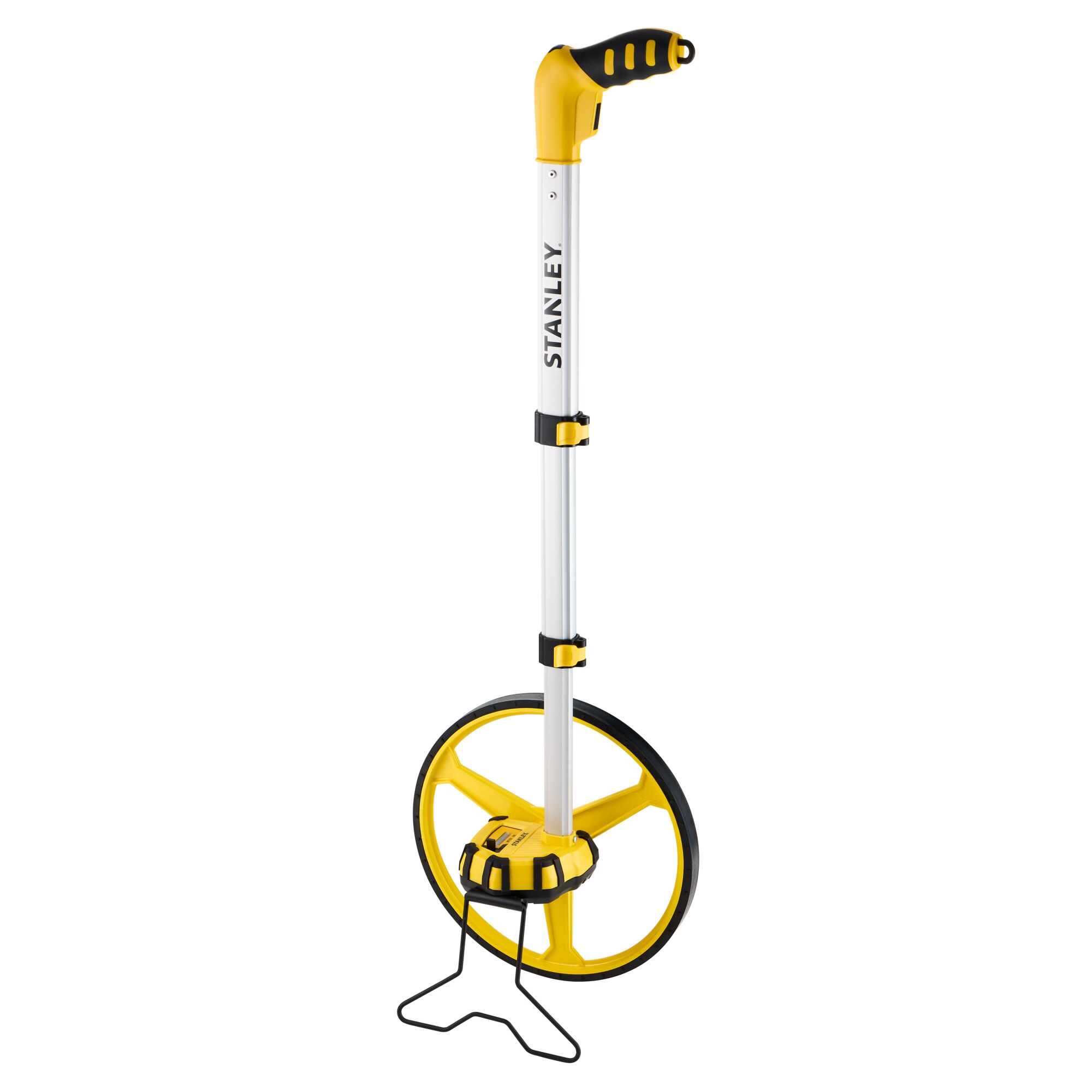 STANLEY 1-77-174 yellow and black measuring wheel, side angle, with ergonomic handle and foldable stand.