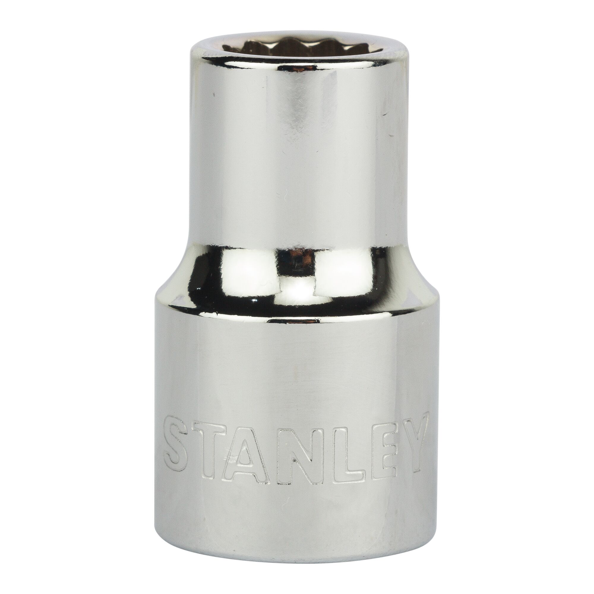 Photo of STANLEY 86-543 chrome socket, front angle, tool accessory with embossed brand logo.