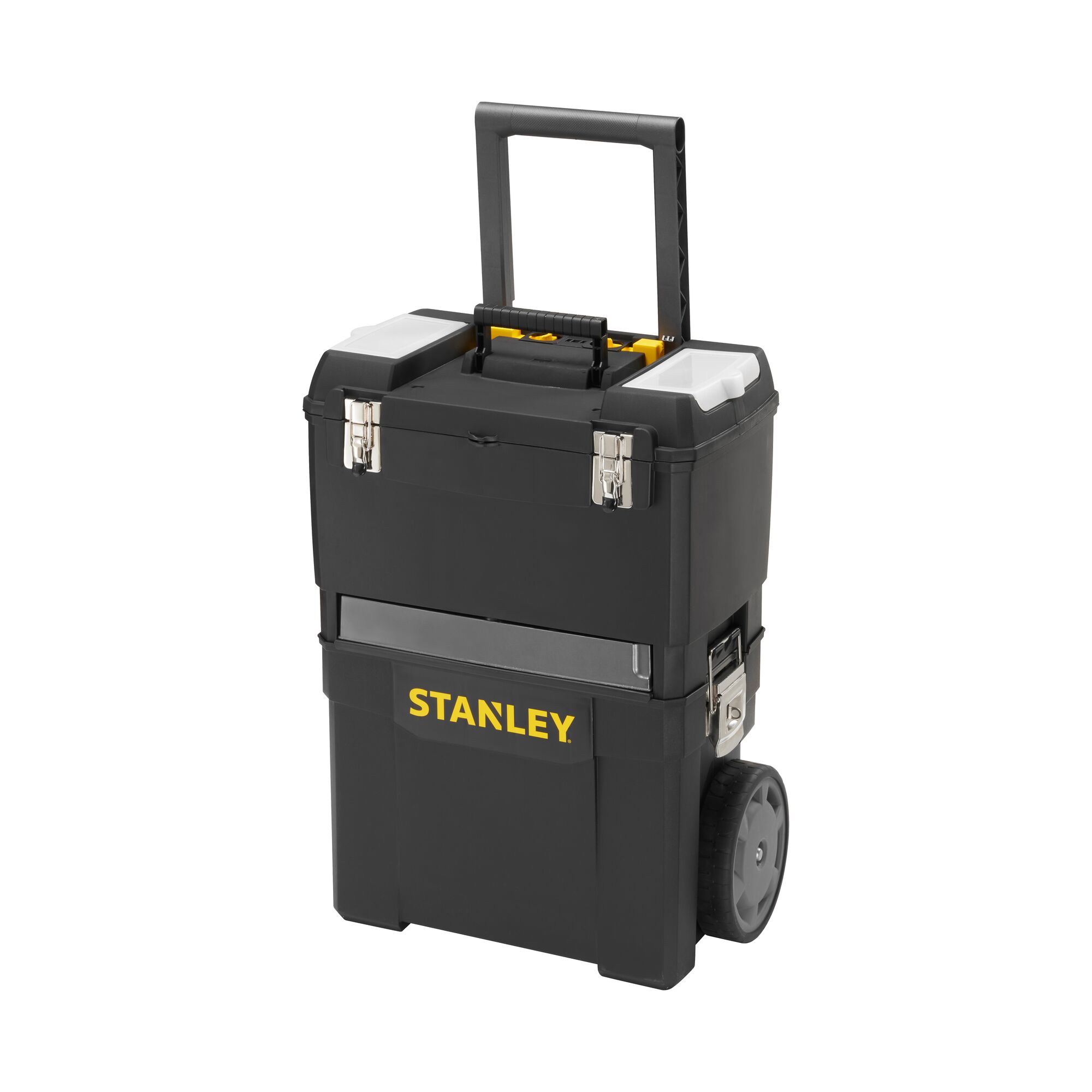 STANLEY 1-93-968 rolling tool box with telescopic handle, black with yellow logo, white background, front angle.