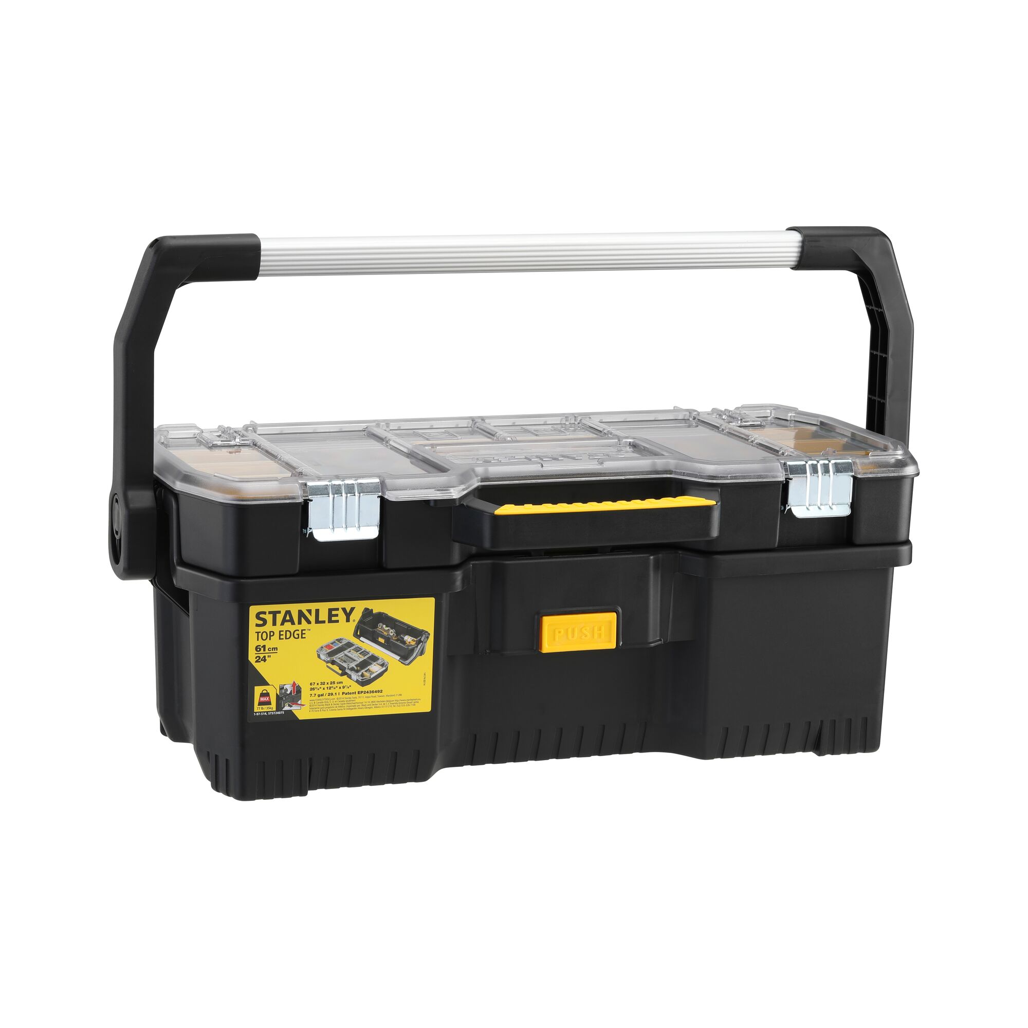 STANLEY SKU 1-97-514 black plastic toolbox with transparent lid compartments, metal latches, and large carrying handle, front angle.