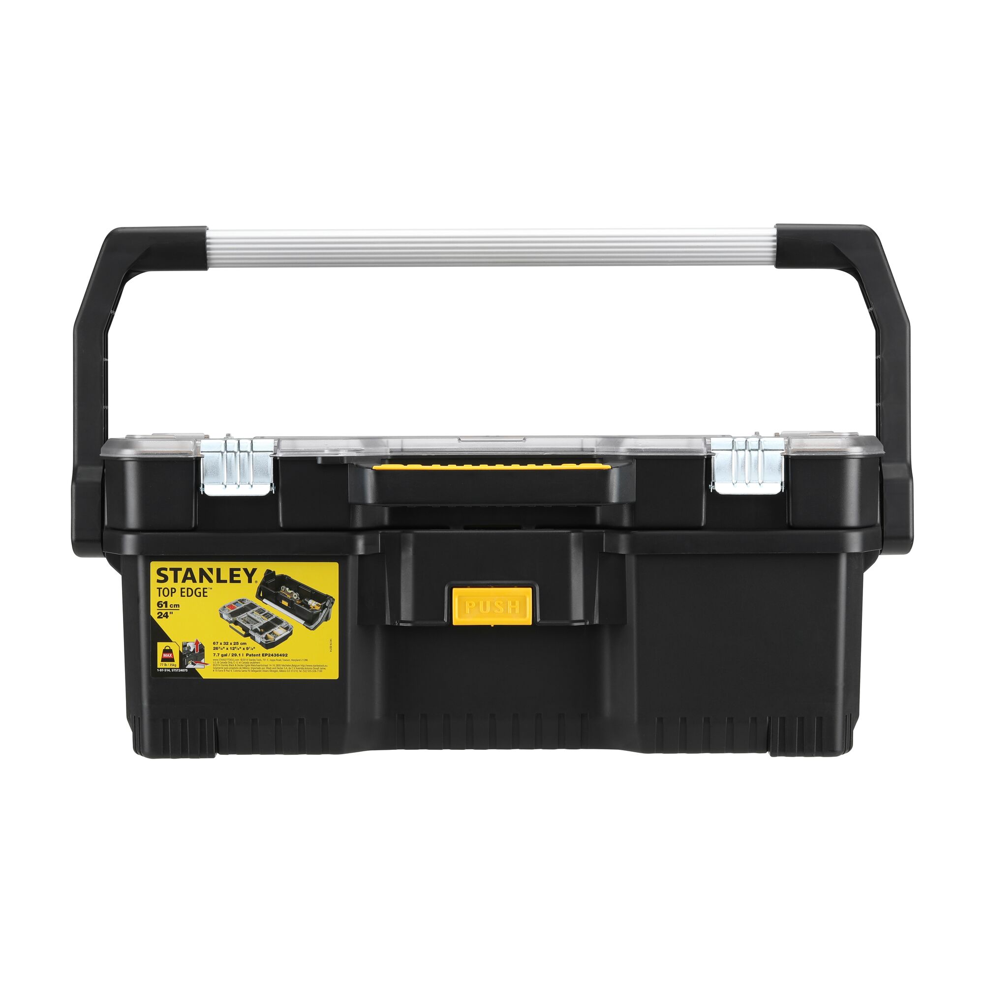 STANLEY 1-97-514 black toolbox with a large handle, metal latches, and yellow label, front angle on white background.