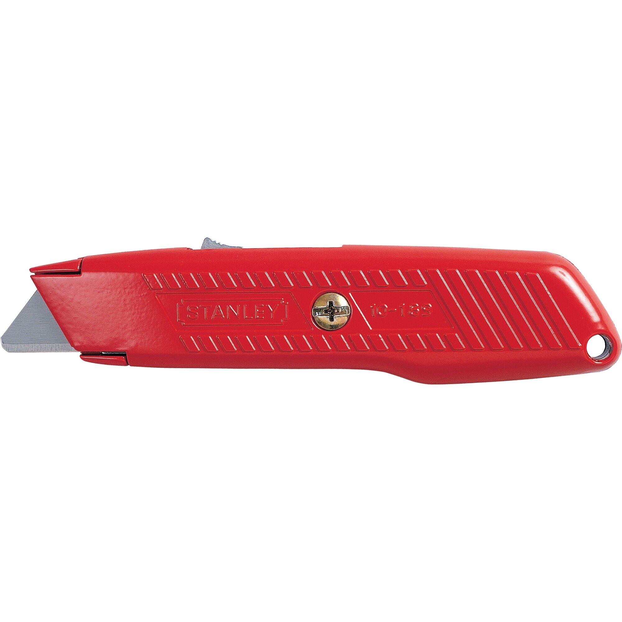 Photo of STANLEY 10-189C utility knife, red handle, angled left side, visible blade, product photography.