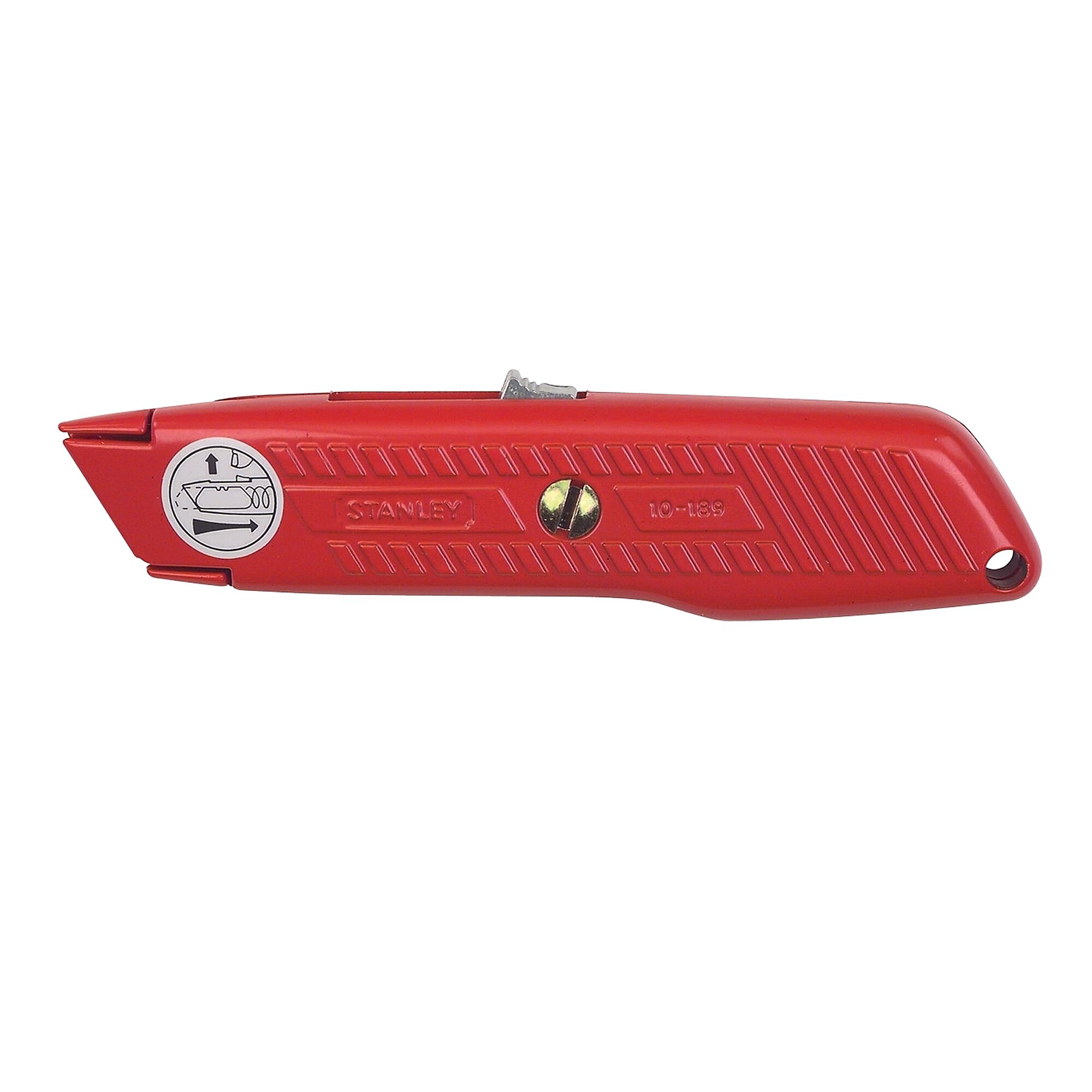 Photo of STANLEY 10-189C red utility knife, side view, with screw for blade change and textured grip.