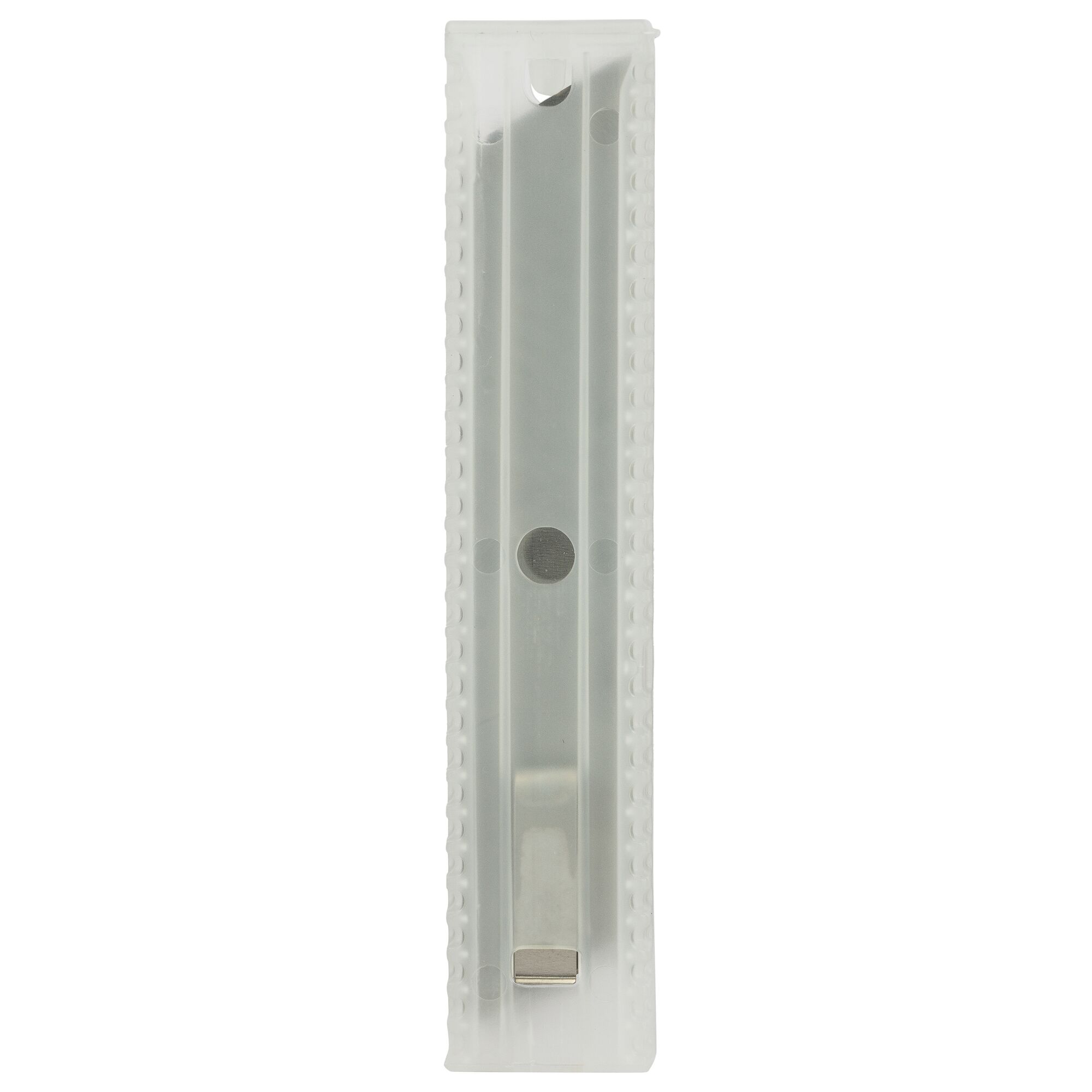 STANLEY 11-301H utility knife blades in translucent plastic case, front angle, photography.