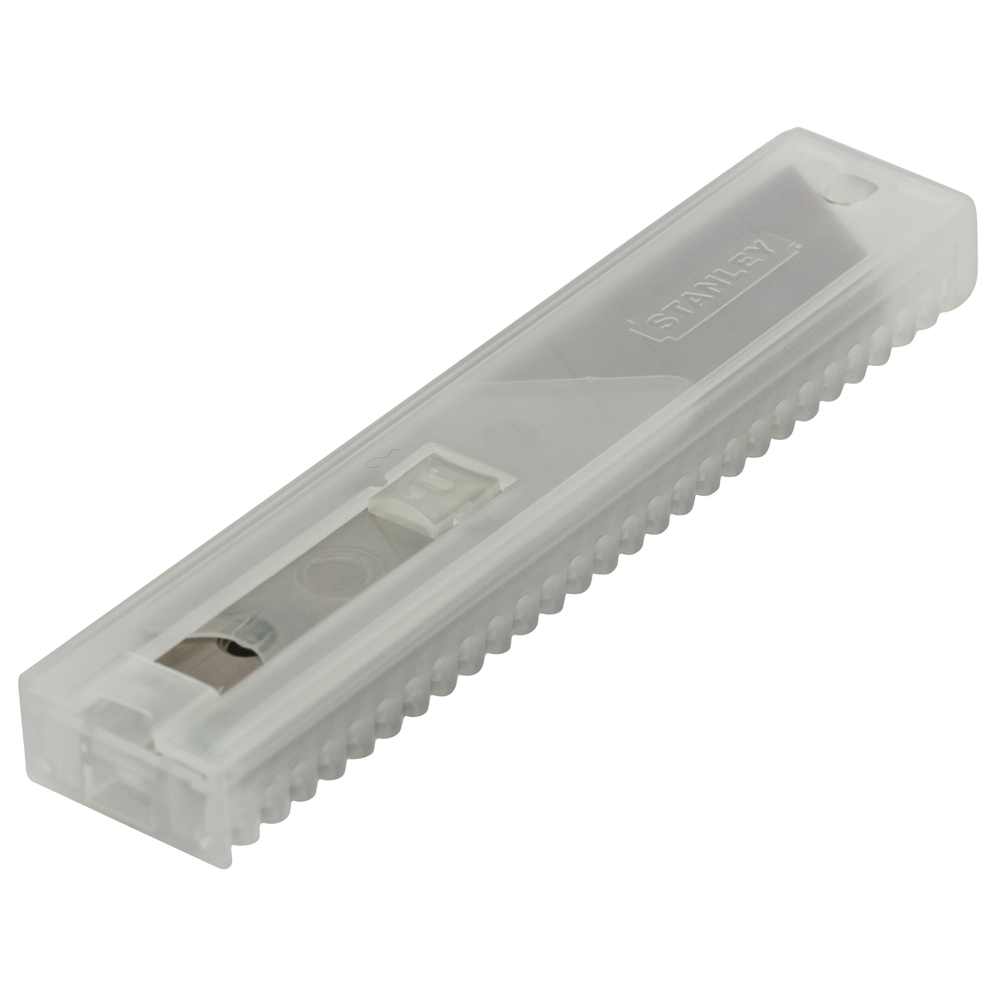 STANLEY 11-301H utility blade pack in a transparent plastic case, angled view.