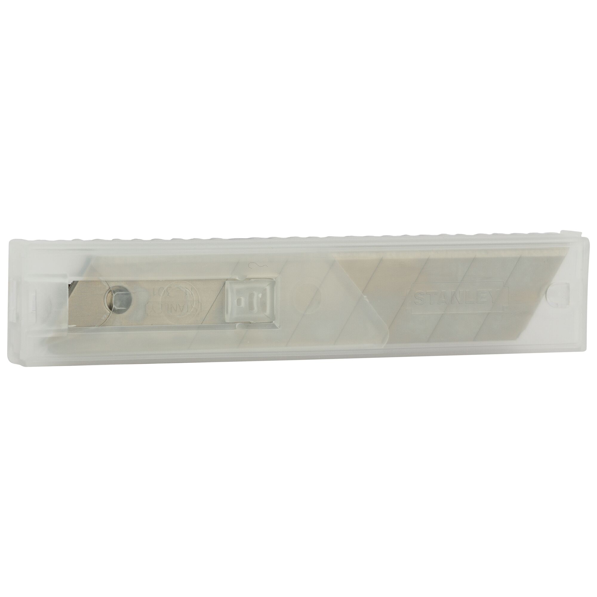 STANLEY 11-301H utility knife blades in clear plastic case, front angle.