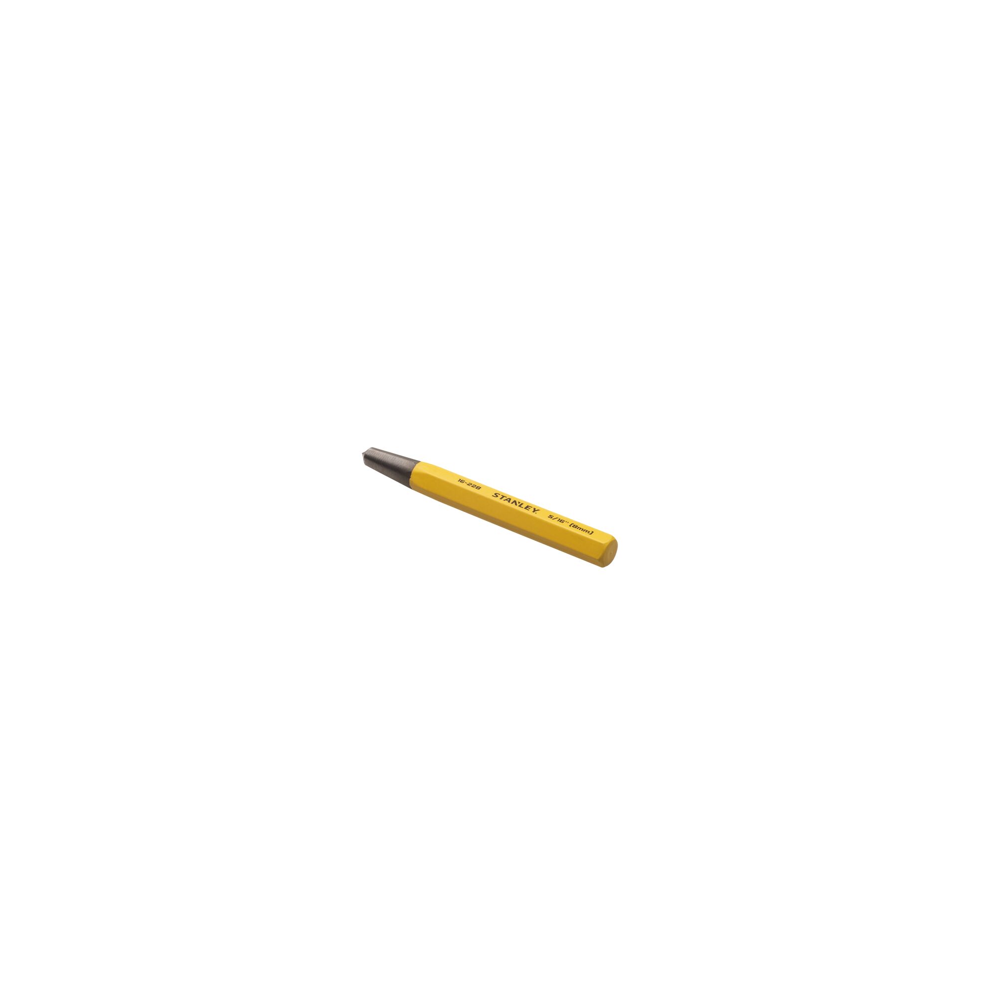 STANLEY 16-228 yellow center punch tool, angled view on white background.