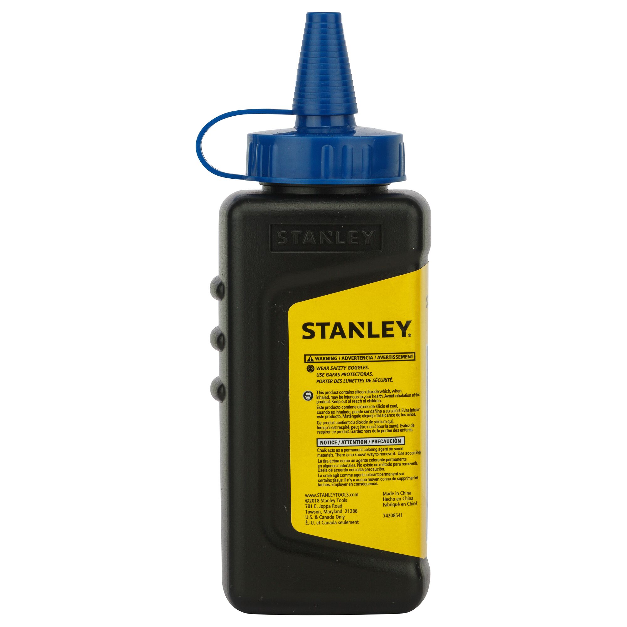 STANLEY 47-443 black chalk line refill bottle with yellow label and blue nozzle, front angle on white background.