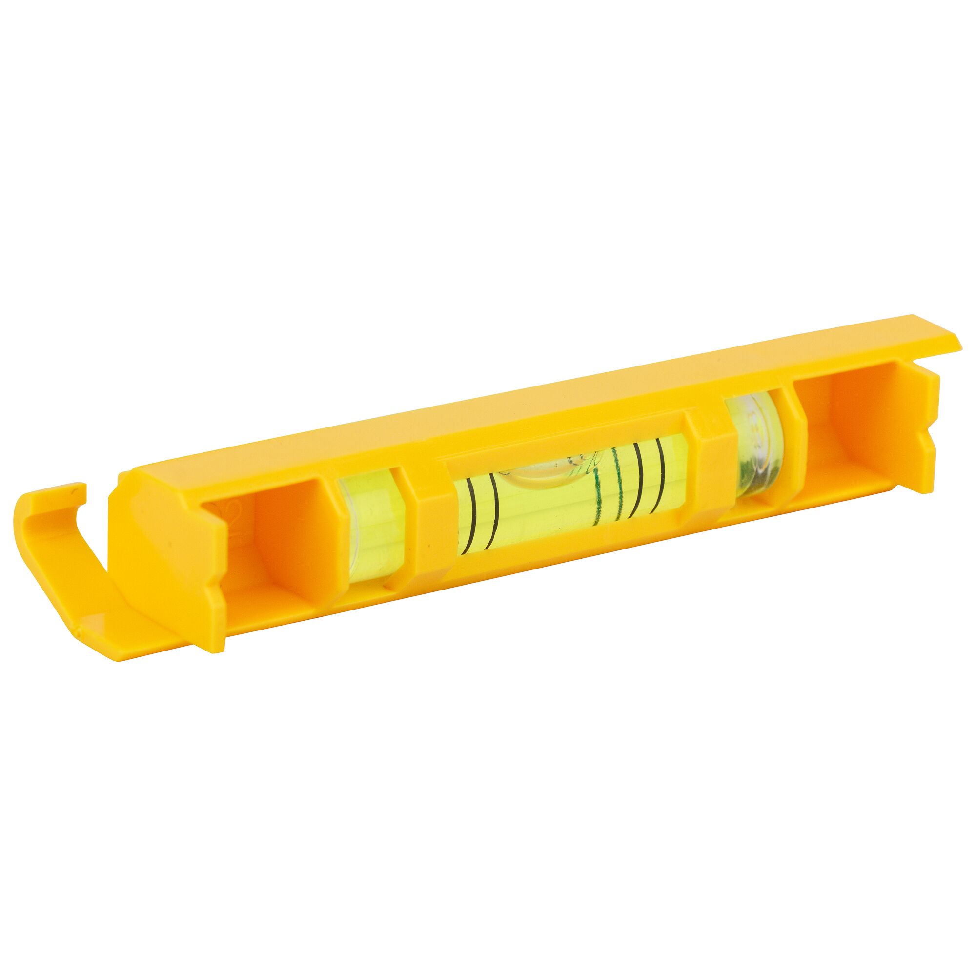 STANLEY 47-443 yellow plastic line level shown at an angle on white background.