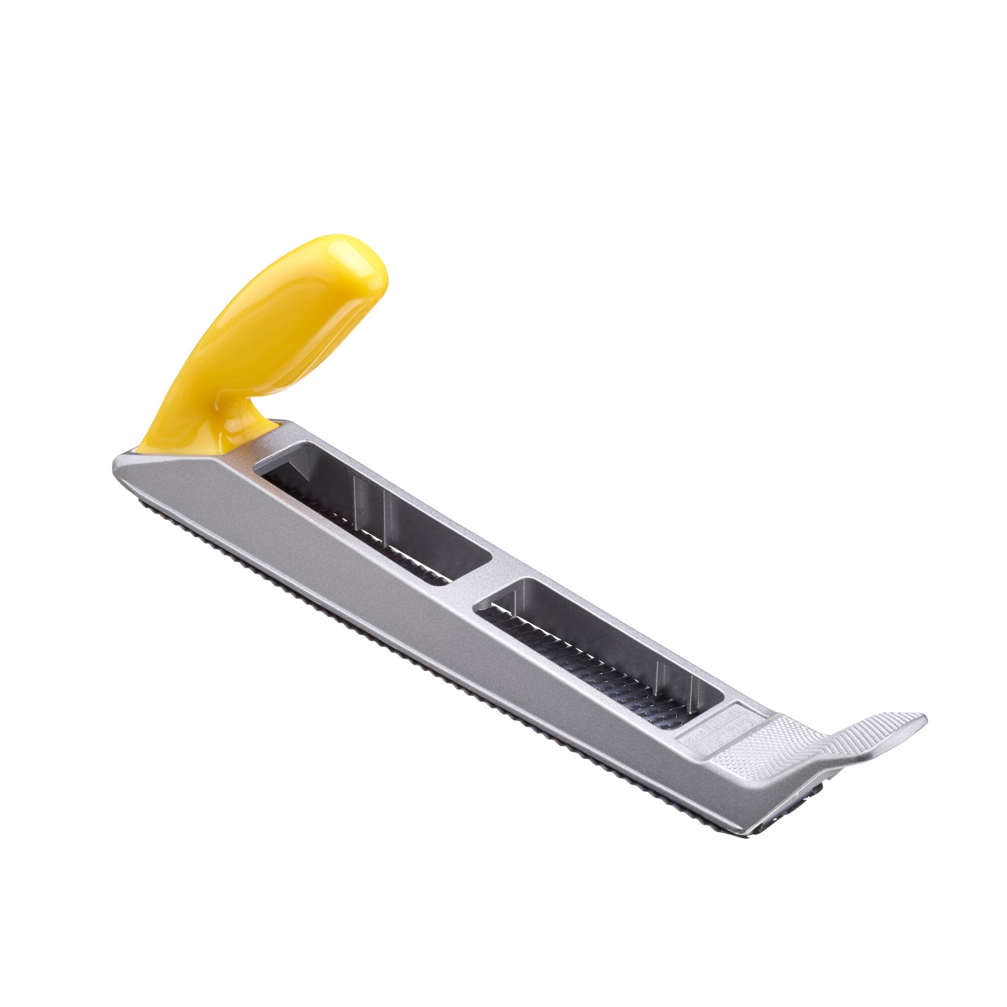 STANLEY 5-21-122 surform plane with metal body and yellow handle, angled side view on white background.