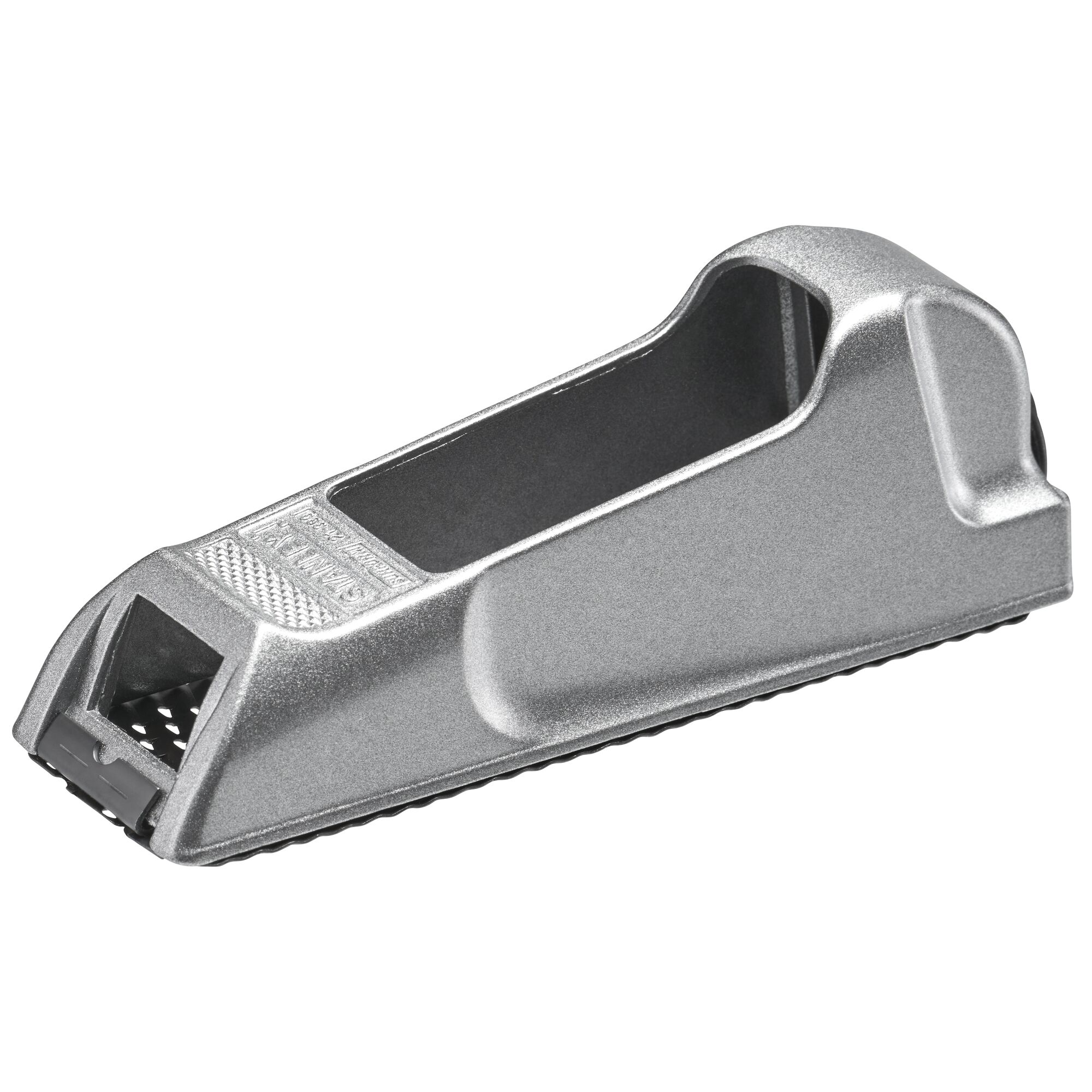 STANLEY 5-21-399 surform plane, silver metal, side angle on white background.