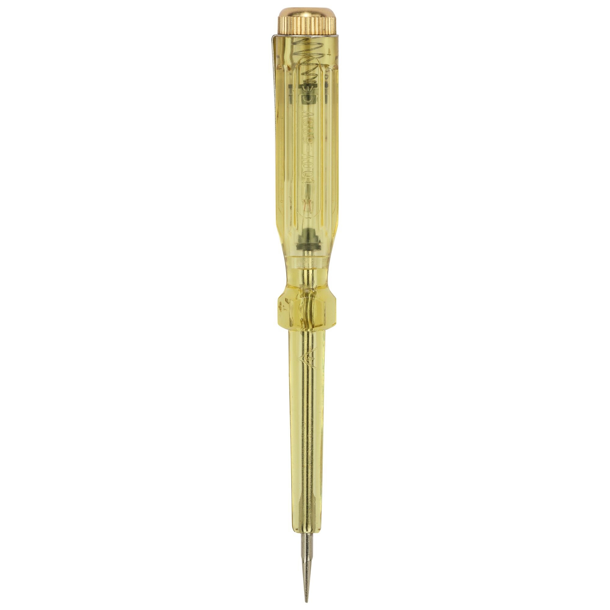 STANLEY 66-119-KR tester screwdriver with yellow transparent handle, straight-on angle, white background.