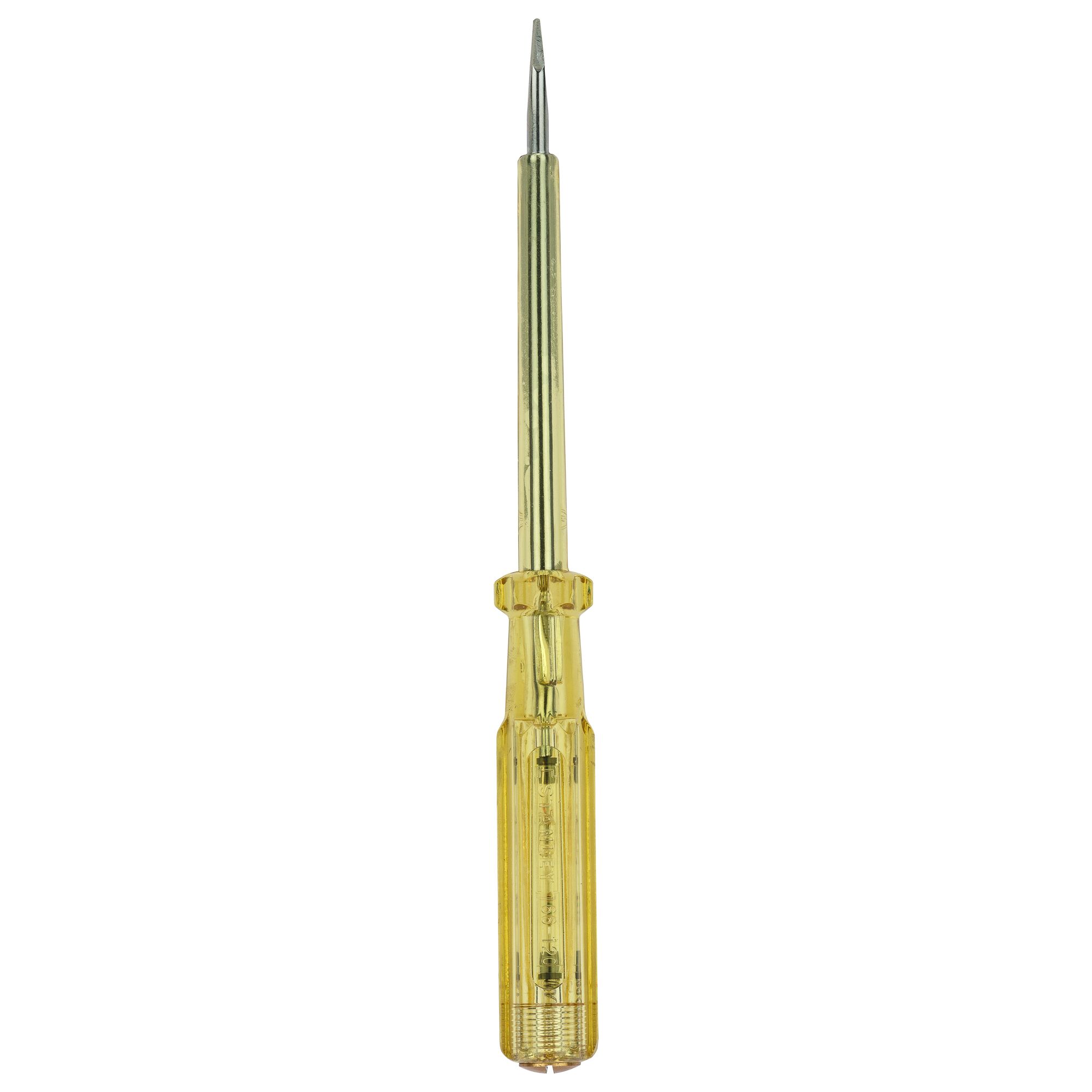 STANLEY 66-120 tester screwdriver with yellow translucent handle, straight-on angle, white background.
