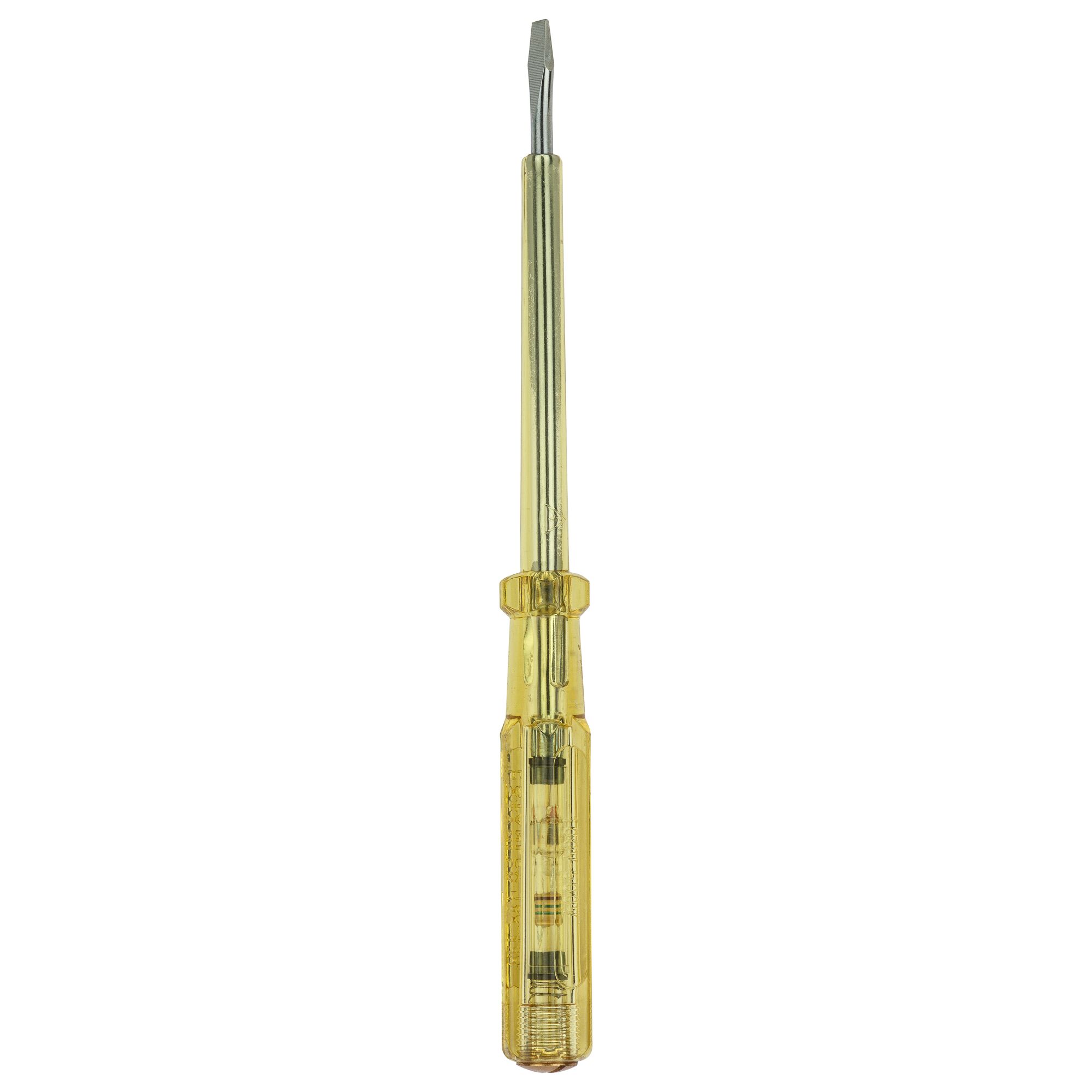 STANLEY 66-120 tester screwdriver with transparent yellow handle, straight-on angle, tool category.