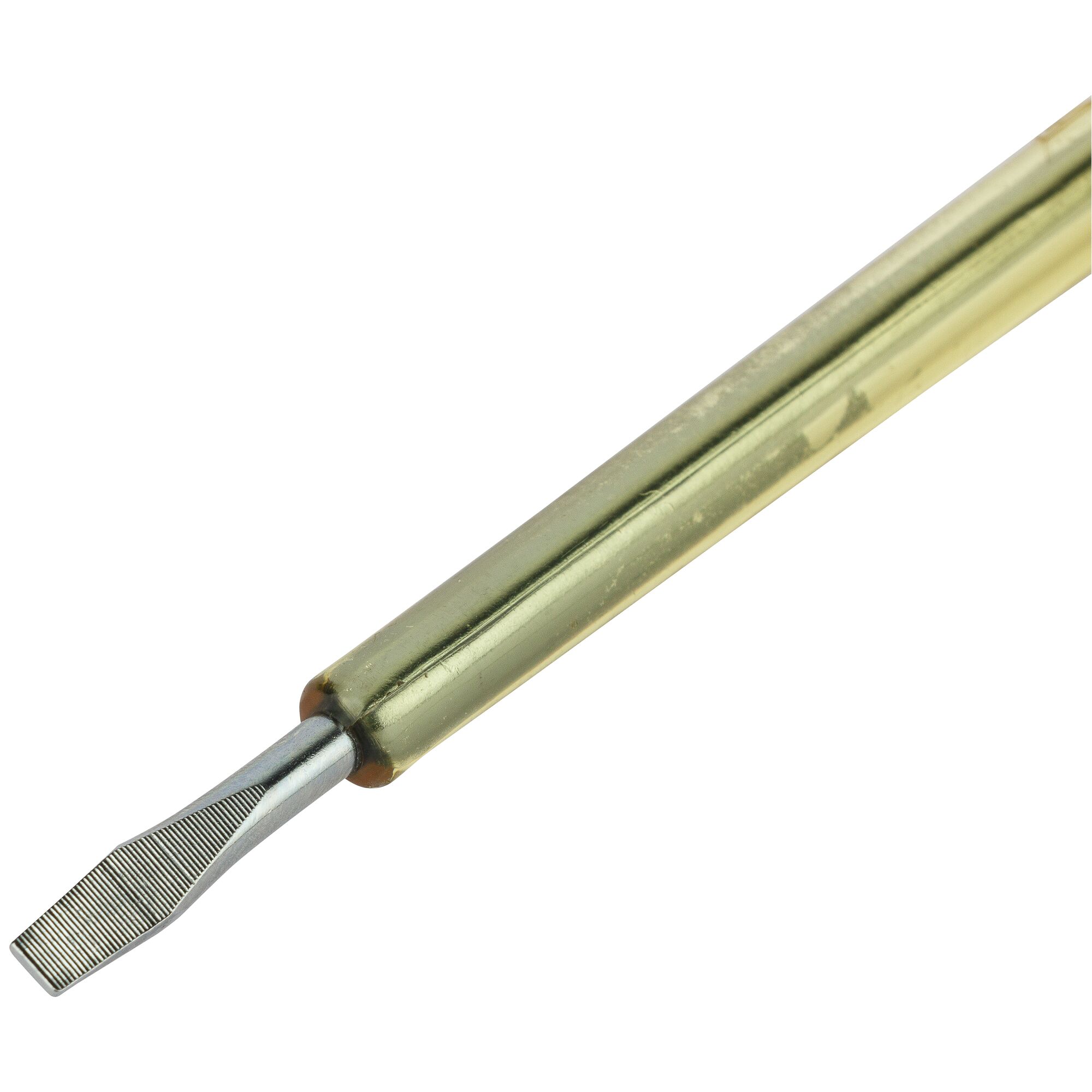 STANLEY 66-120 flathead screwdriver, gold handle, close-up angle on white background.