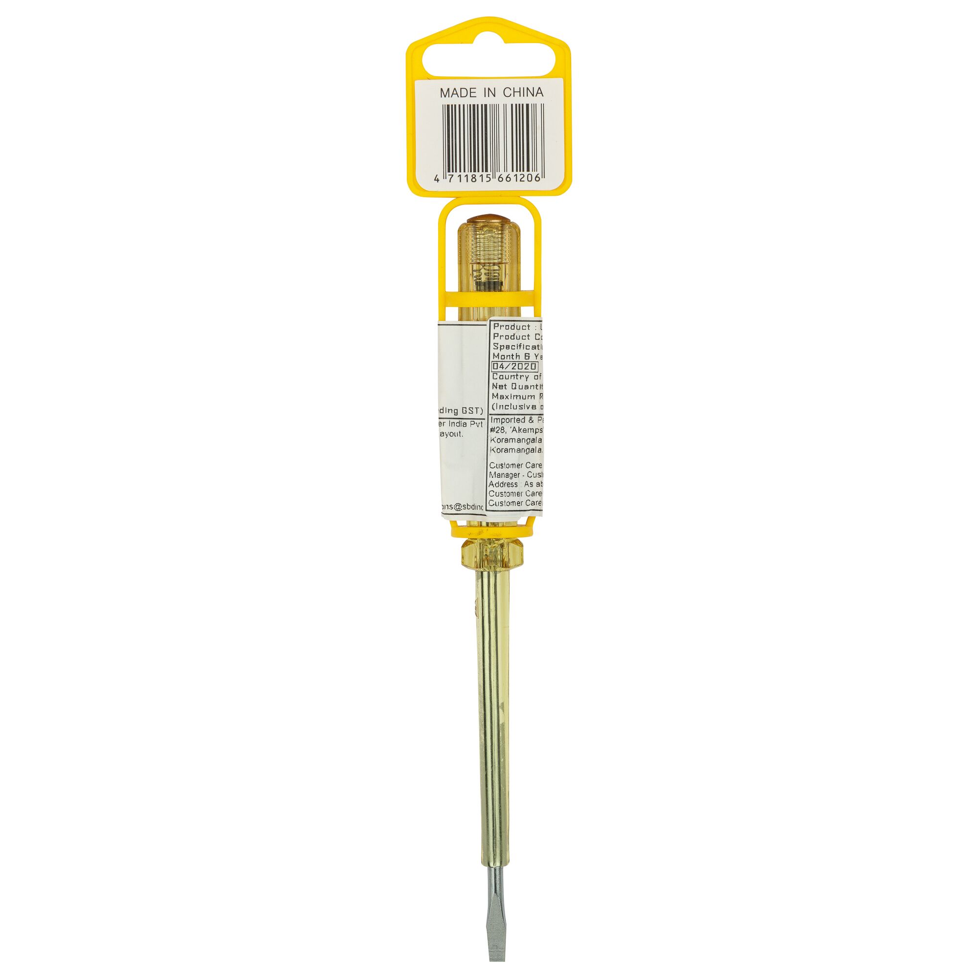 Stanley 66-120 electrical tester screwdriver on white background, showing packaging and flat blade tip.