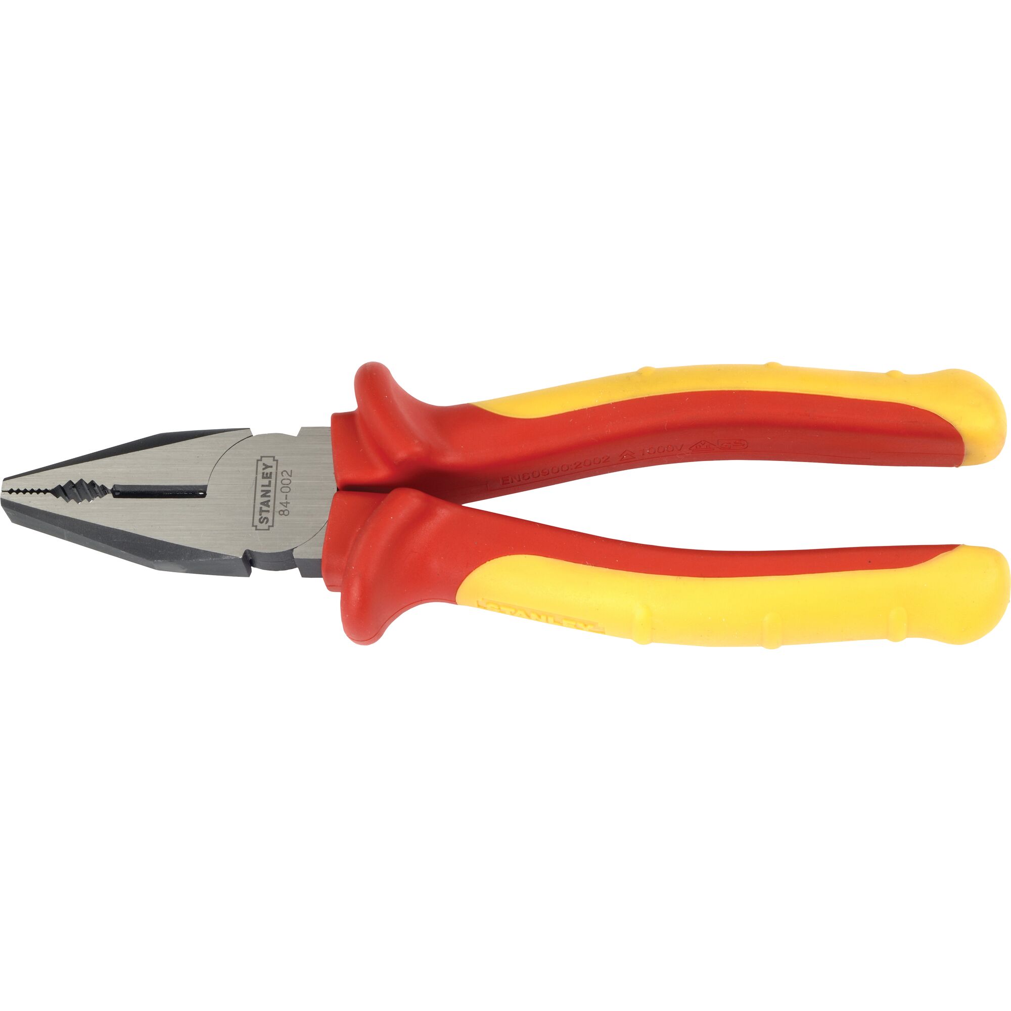 STANLEY 84-002 insulated combination pliers with red and yellow handles, side view on white background.