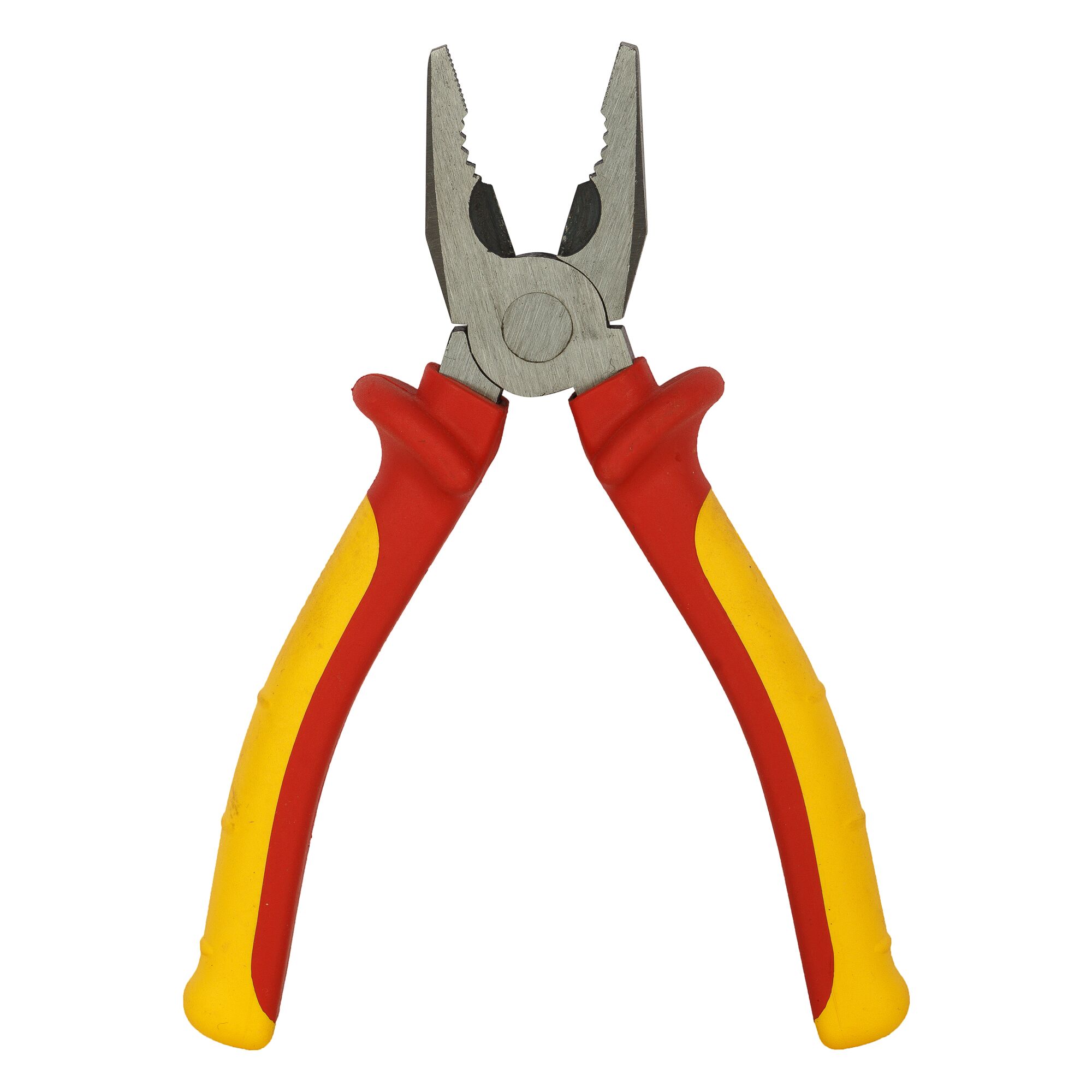 STANLEY 84-011 pliers with red and yellow insulated handles, front angle on white background.
