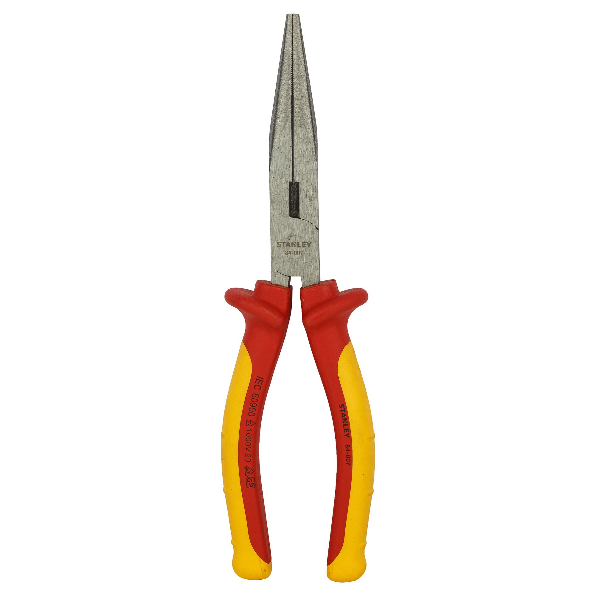 STANLEY 84-011 long nose pliers with red and yellow insulated handles, front view on white background.