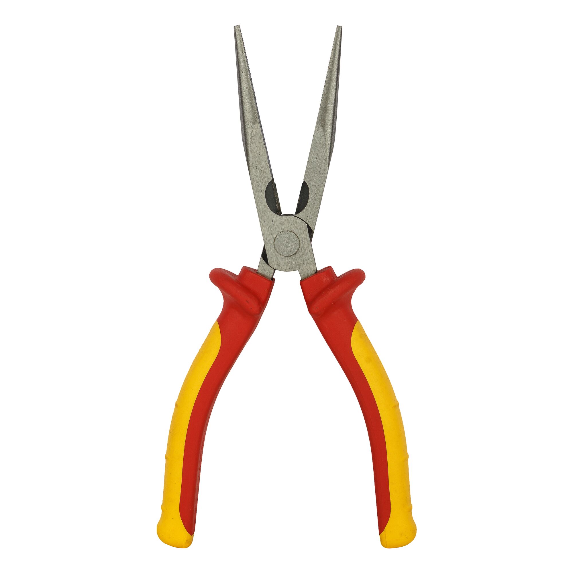 STANLEY 84-011 long nose pliers with red and yellow handle, front angle, on white background.