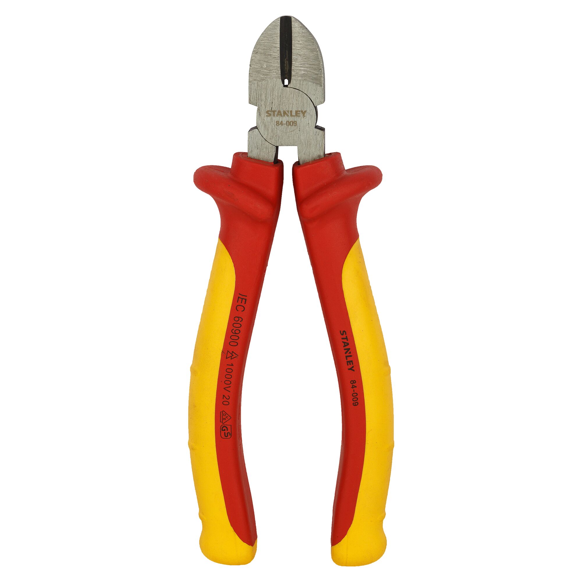 STANLEY 84-011 insulated diagonal cutting pliers with red and yellow handles, front angle on white background.