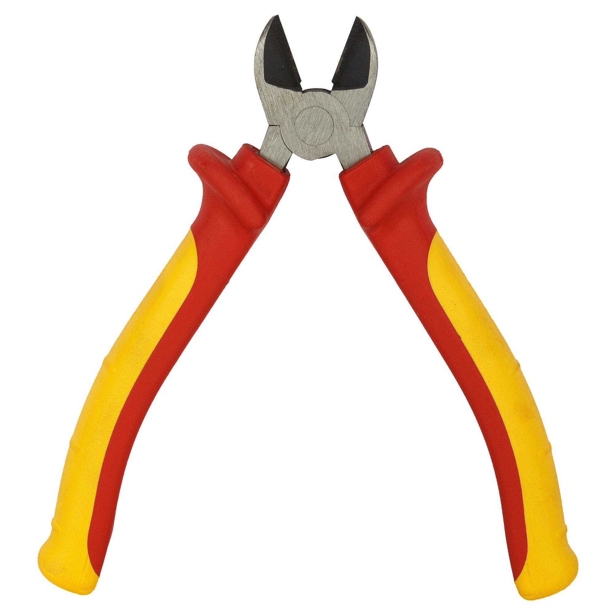STANLEY 84-011 diagonal cutting pliers with red and yellow insulated handles, front angle on white background.
