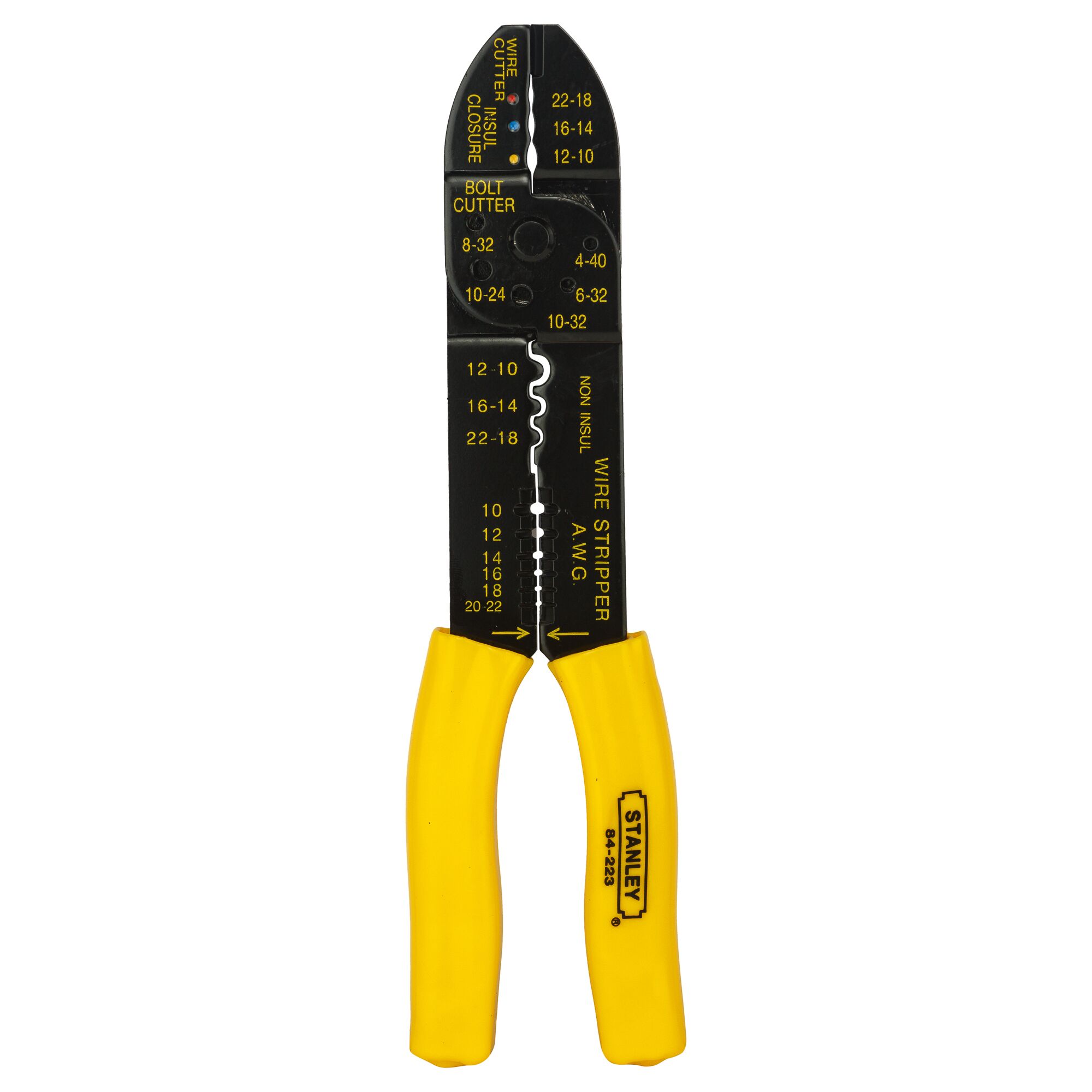 Photo of STANLEY 84-223-22 wire stripper with yellow handles, front angle on white background.