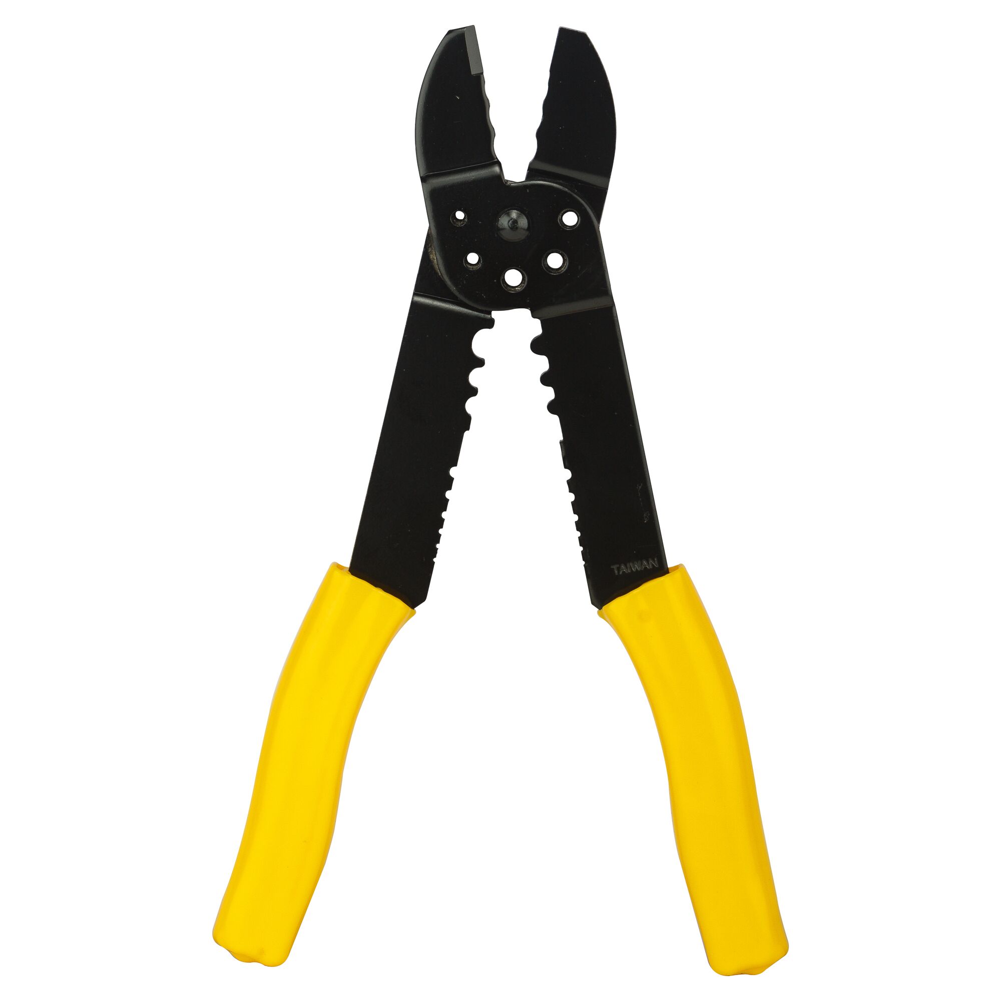 STANLEY 84-223-22 wire stripper with black cutting jaws and yellow ergonomic handles, front angle on white.