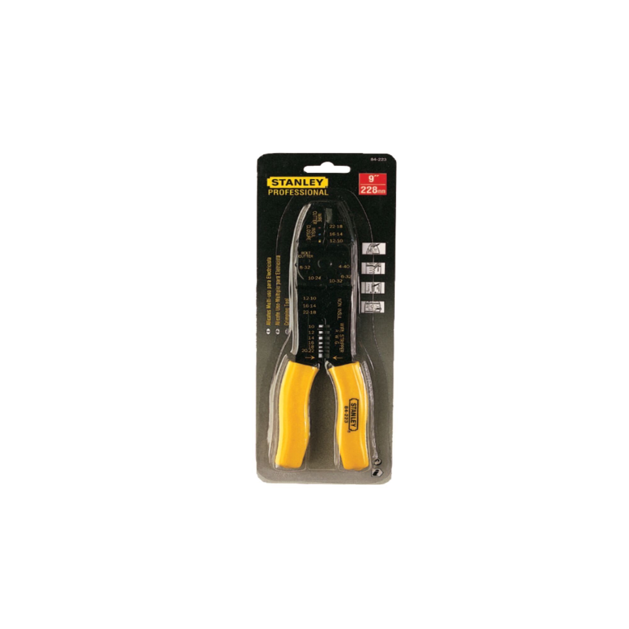 STANLEY 84-223-22 wire stripper and cutter with yellow handles, packaged, front angle.