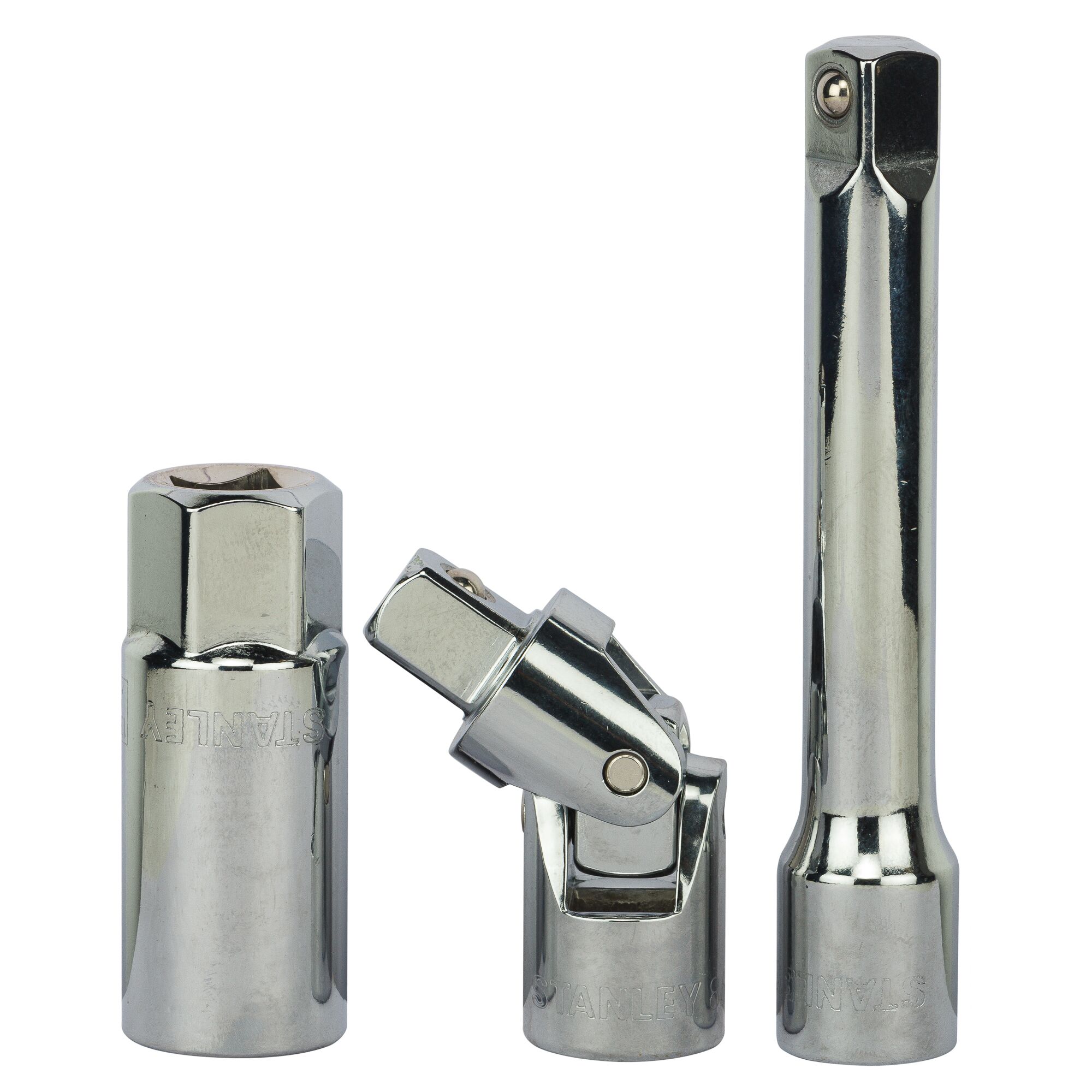 STANLEY 86-477 chrome socket adapter set, three pieces, front angle on white background.