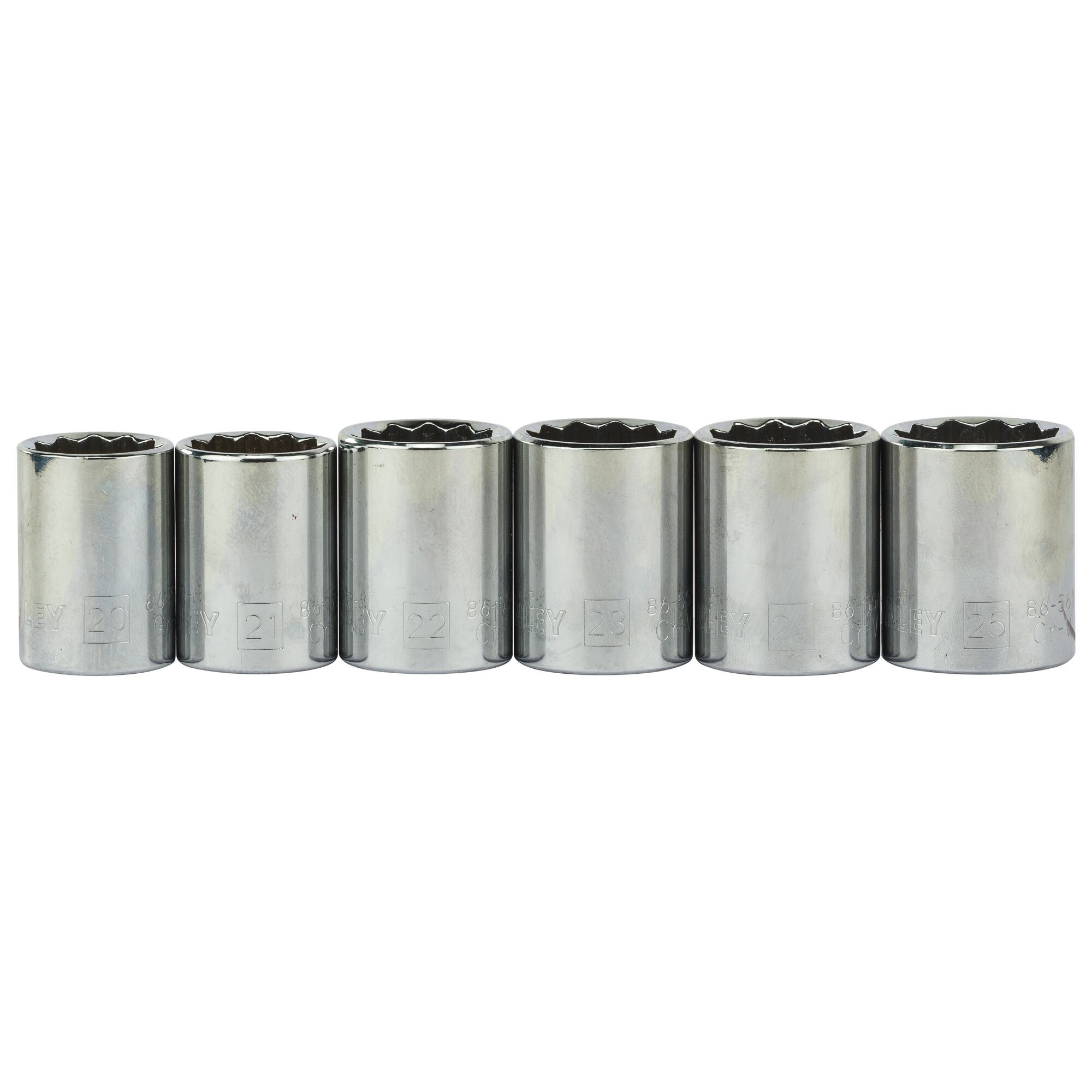 STANLEY 86-477 socket set, six chrome sockets, front view, tool photography.