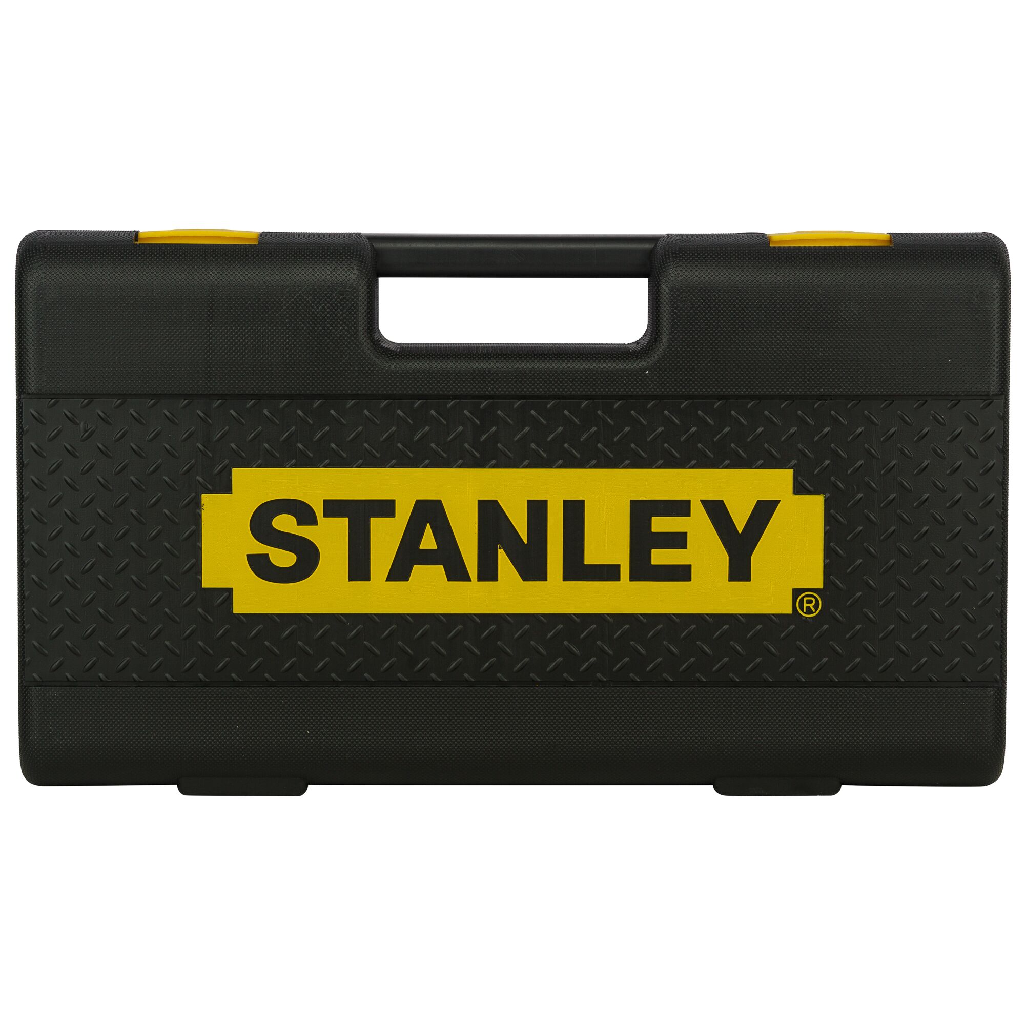 Photo of STANLEY 86-477 black plastic tool case with yellow logo, front angle, toolbox category.