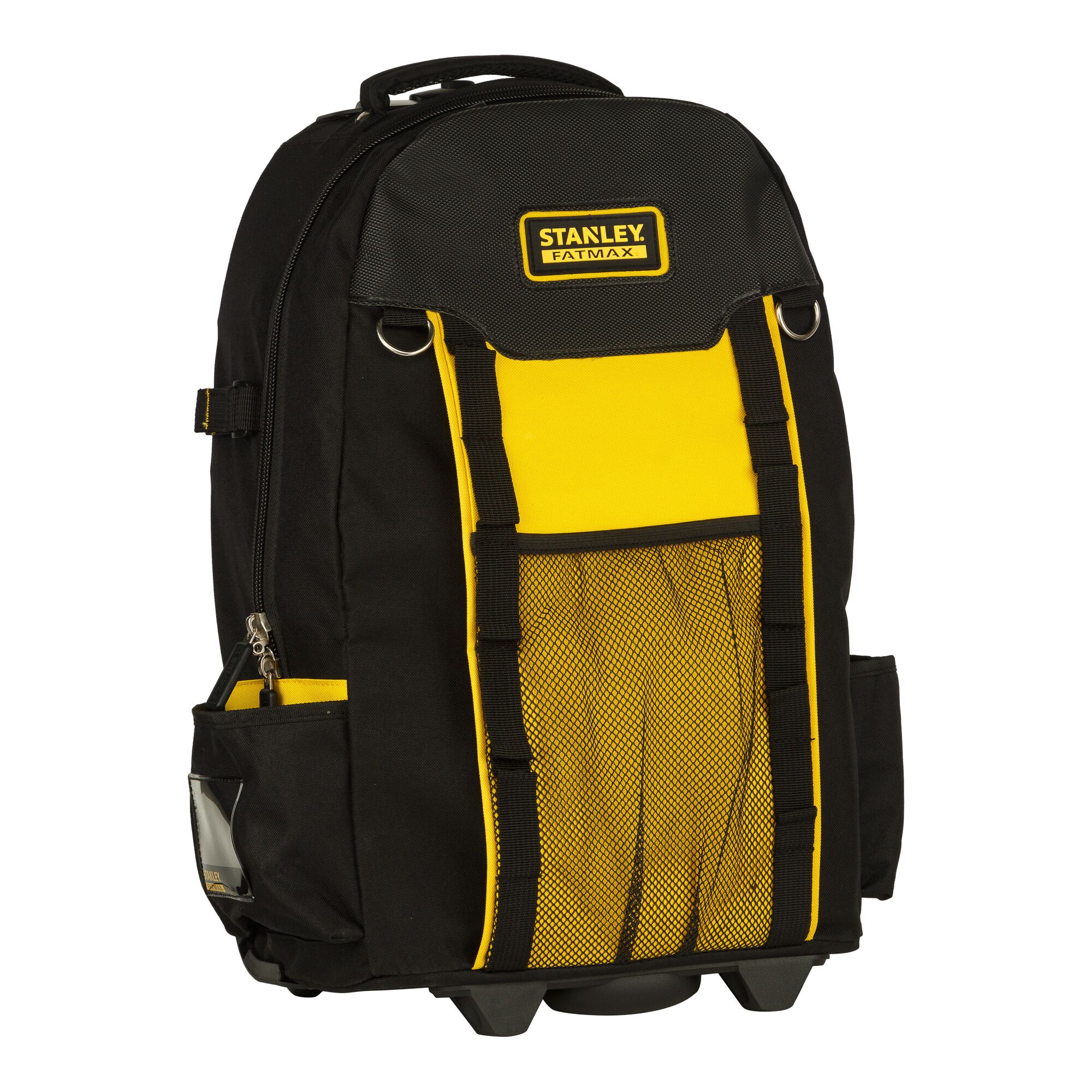 STANLEY FMST514196 tool backpack, black and yellow, mesh front pocket, angled view on white background.