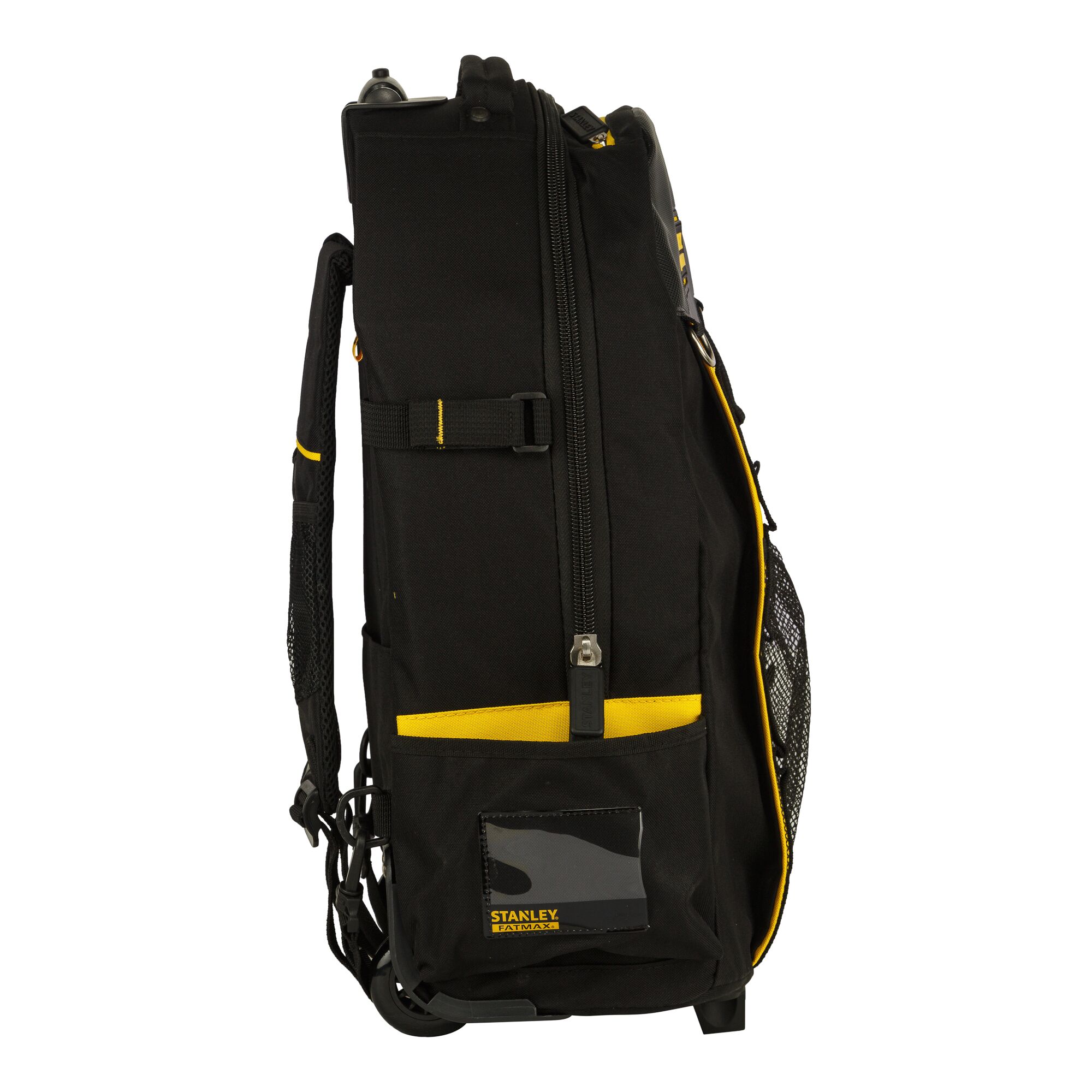 STANLEY FMST514196 black and yellow tool backpack, side view on white background.
