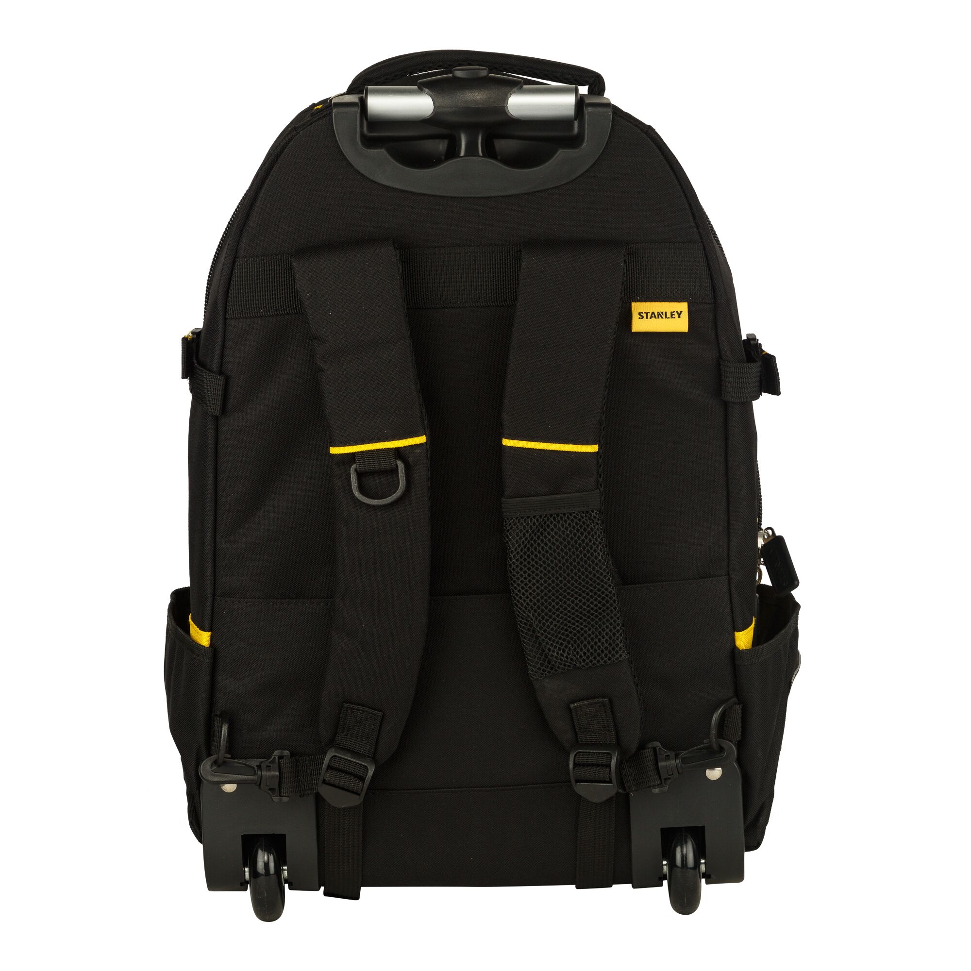 STANLEY FMST514196 black rolling tool backpack, rear view showing adjustable straps and wheels.