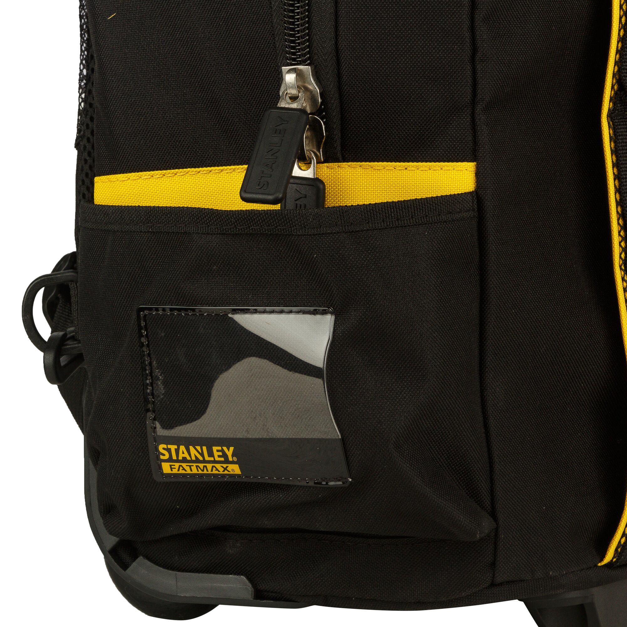 Stanley FMST514196 tool bag close-up, black fabric with yellow accents, front pocket and zipper detail.