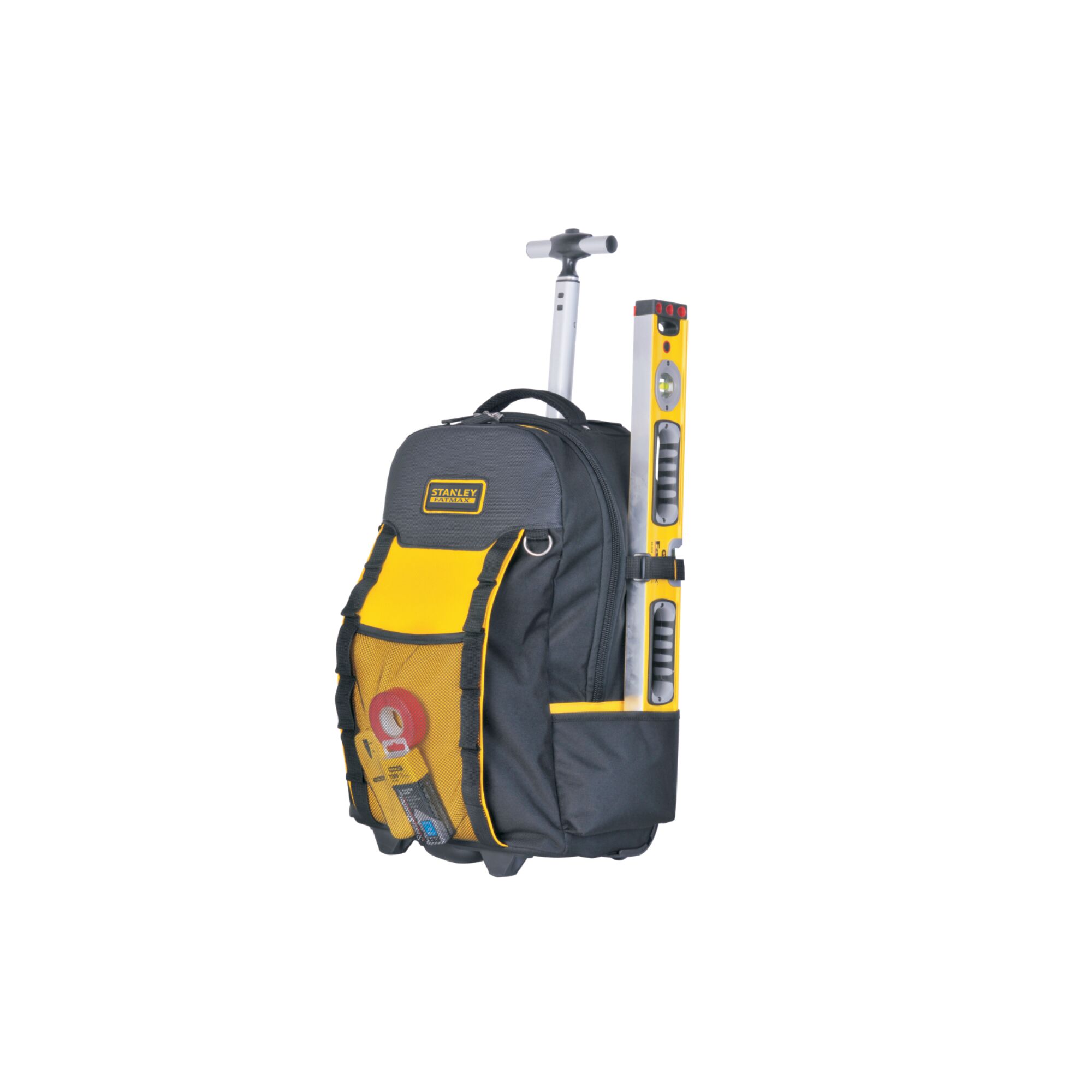 STANLEY FMST514196 rolling tool backpack front angle, black and yellow with telescopic handle and tools.