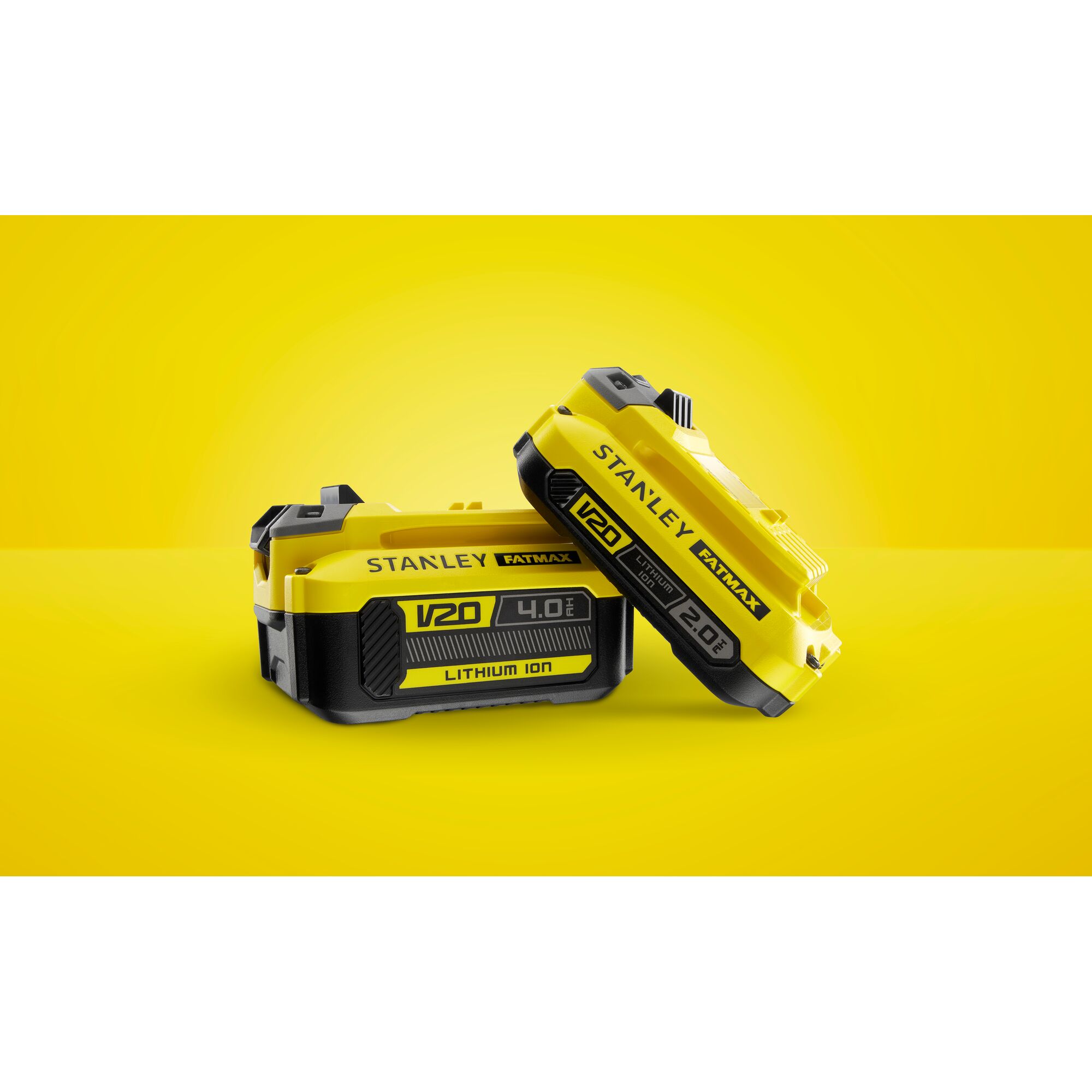 STANLEY SB202 V20 Lithium-Ion batteries, 4.0Ah and 2.0Ah, yellow and black, product photography, front angle.