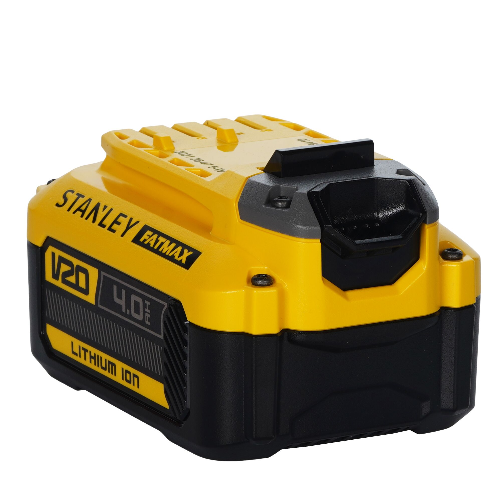 STANLEY V20 4.0Ah Lithium Ion battery SB204-KR, yellow and black, photography, front angle view.
