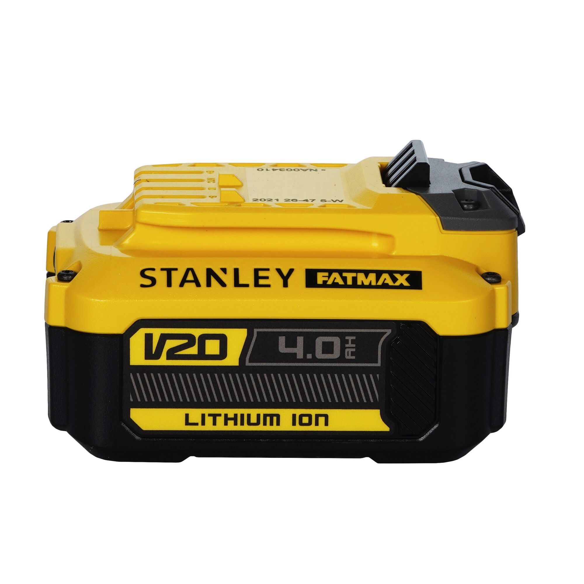 STANLEY V20 4.0Ah Lithium Ion battery, SKU SB204-KR, photography on white background, front angle.
