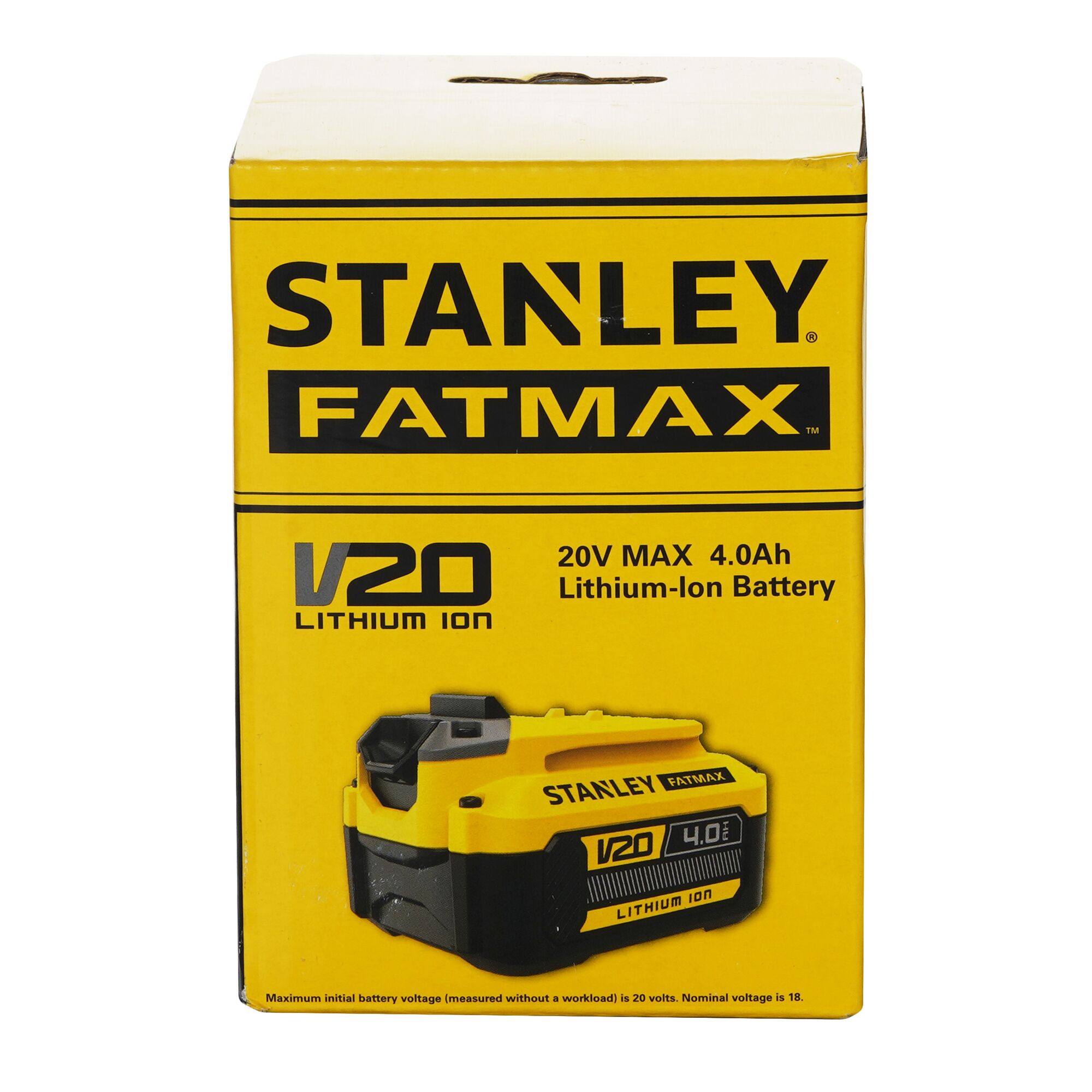 Photo of STANLEY SB204-KR V20 FATMAX lithium-ion battery box, yellow with specifications, front angle.