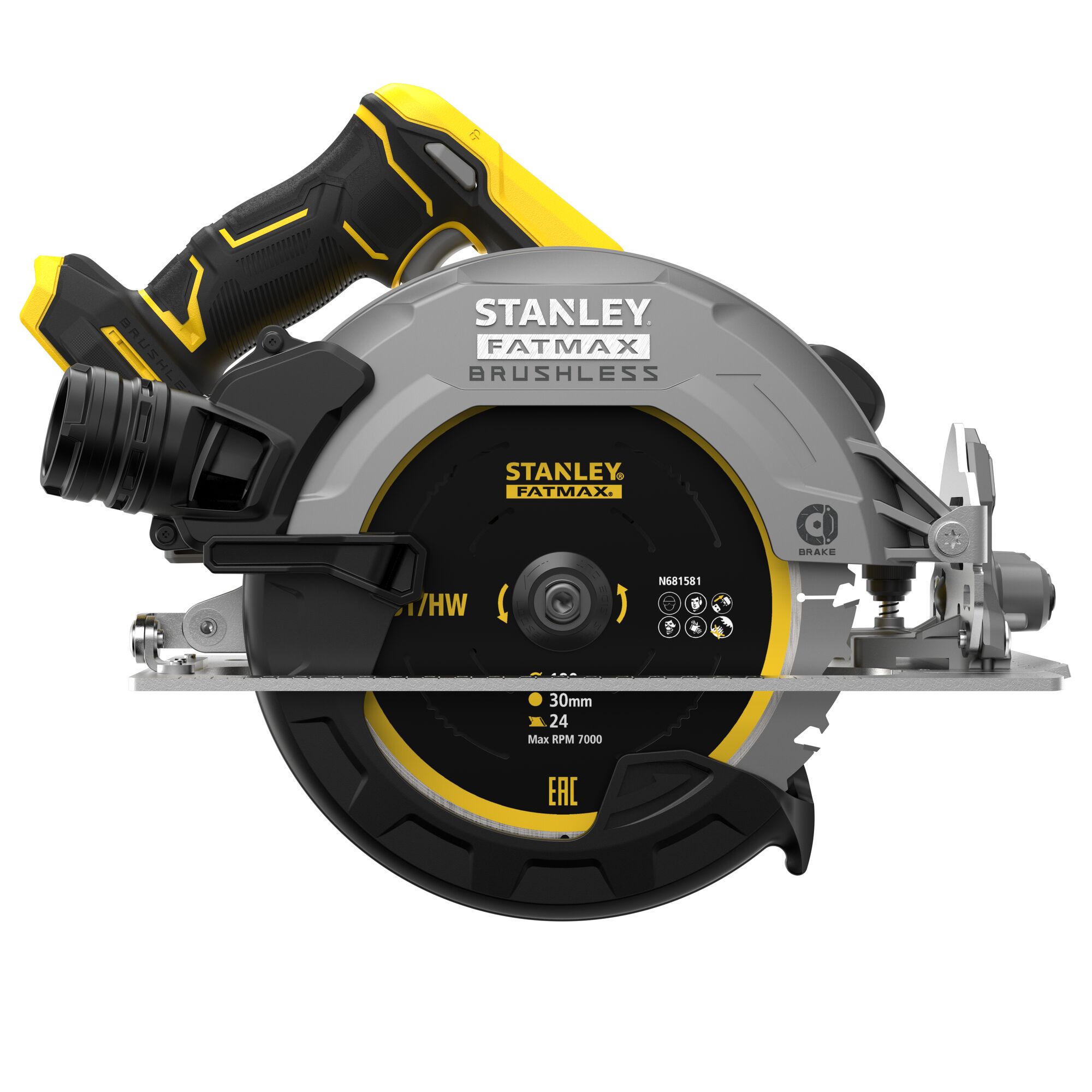 STANLEY FATMAX SBC550 cordless circular saw, side view, with brushless motor, black and yellow body.