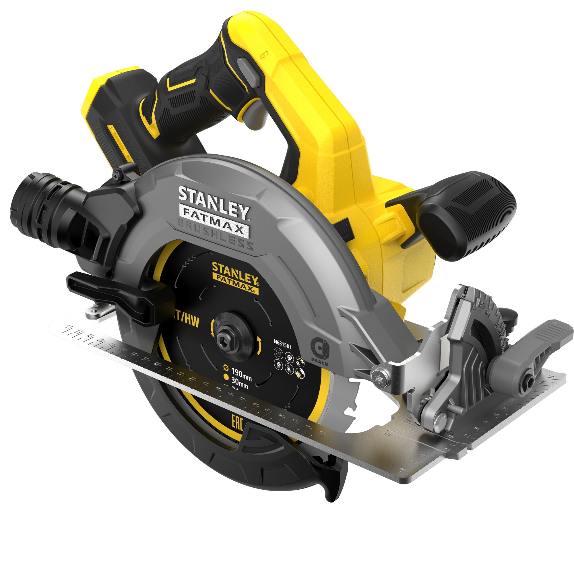 STANLEY SBC550 circular saw, yellow and black, side view on white background, features brushless motor.