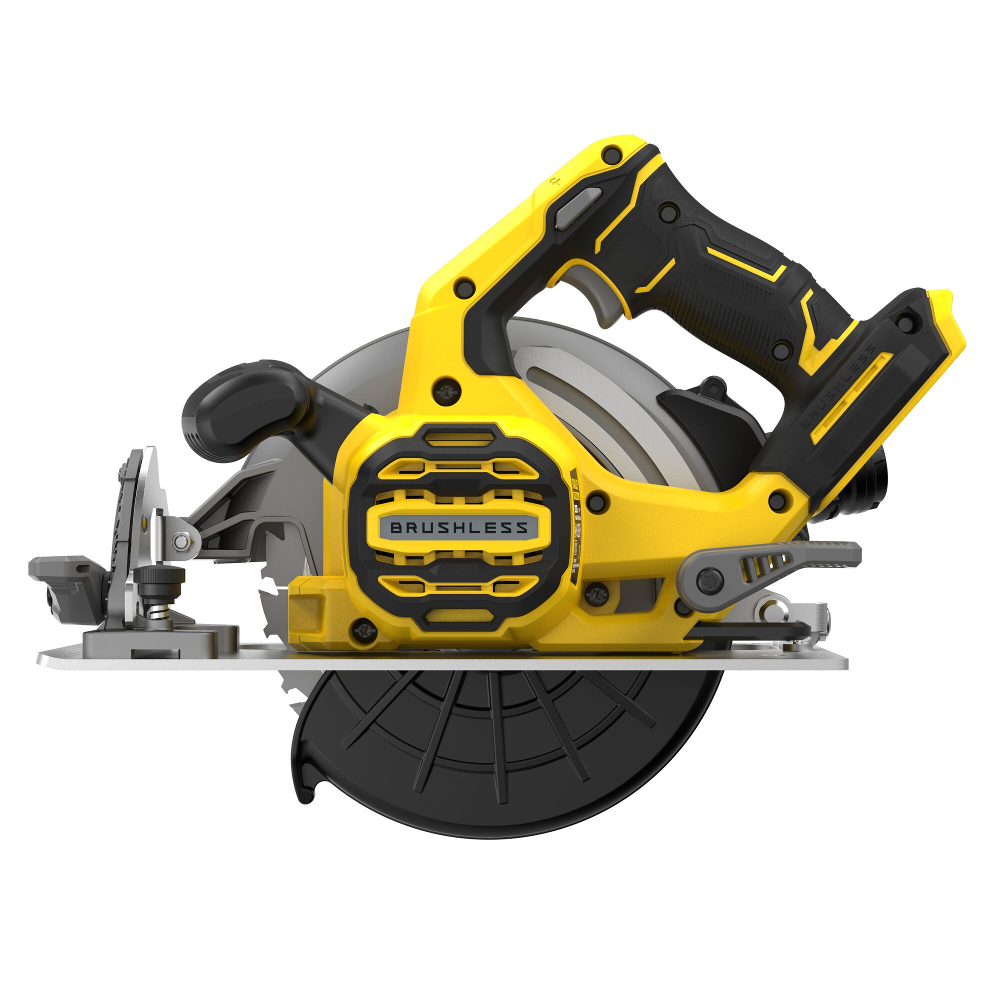 STANLEY SBC550 circular saw side view with yellow and black brushless motor design, visible blade guard.