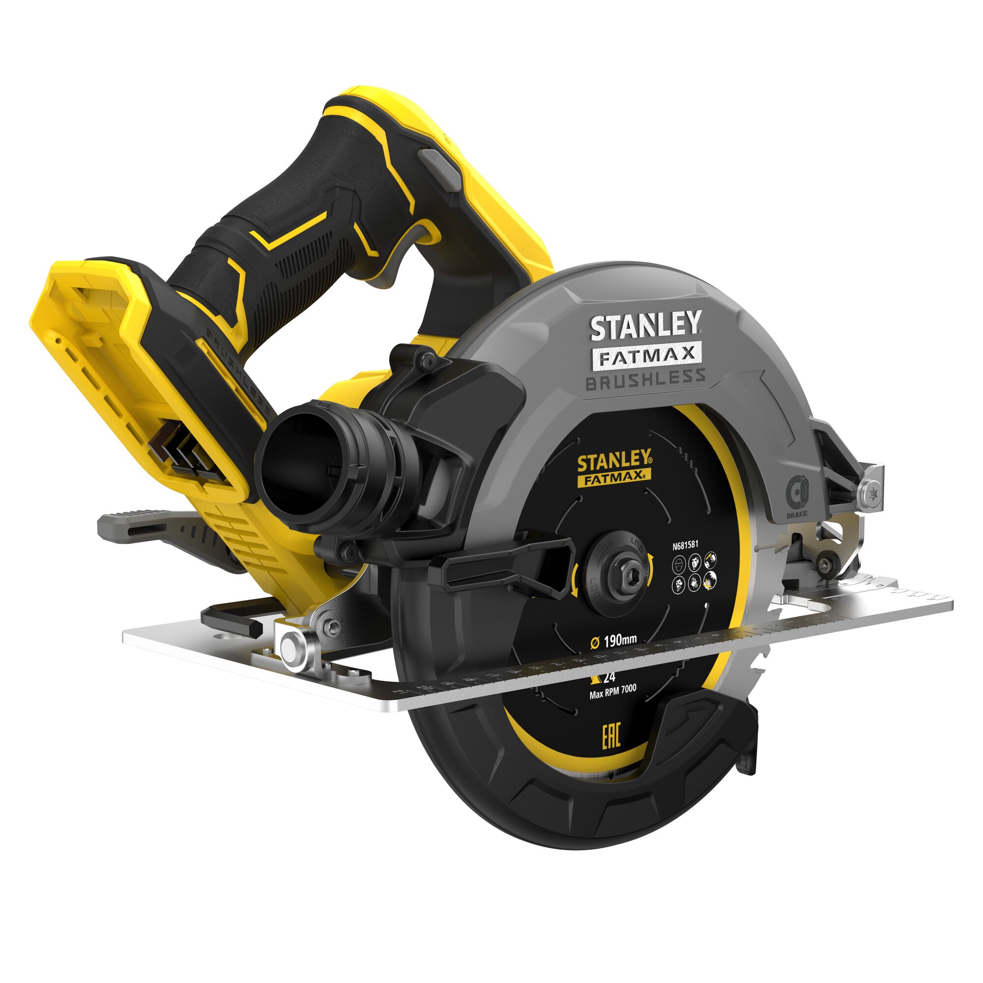 STANLEY SBC550 circular saw, black and yellow, side view showing brushless motor and ergonomic handle.