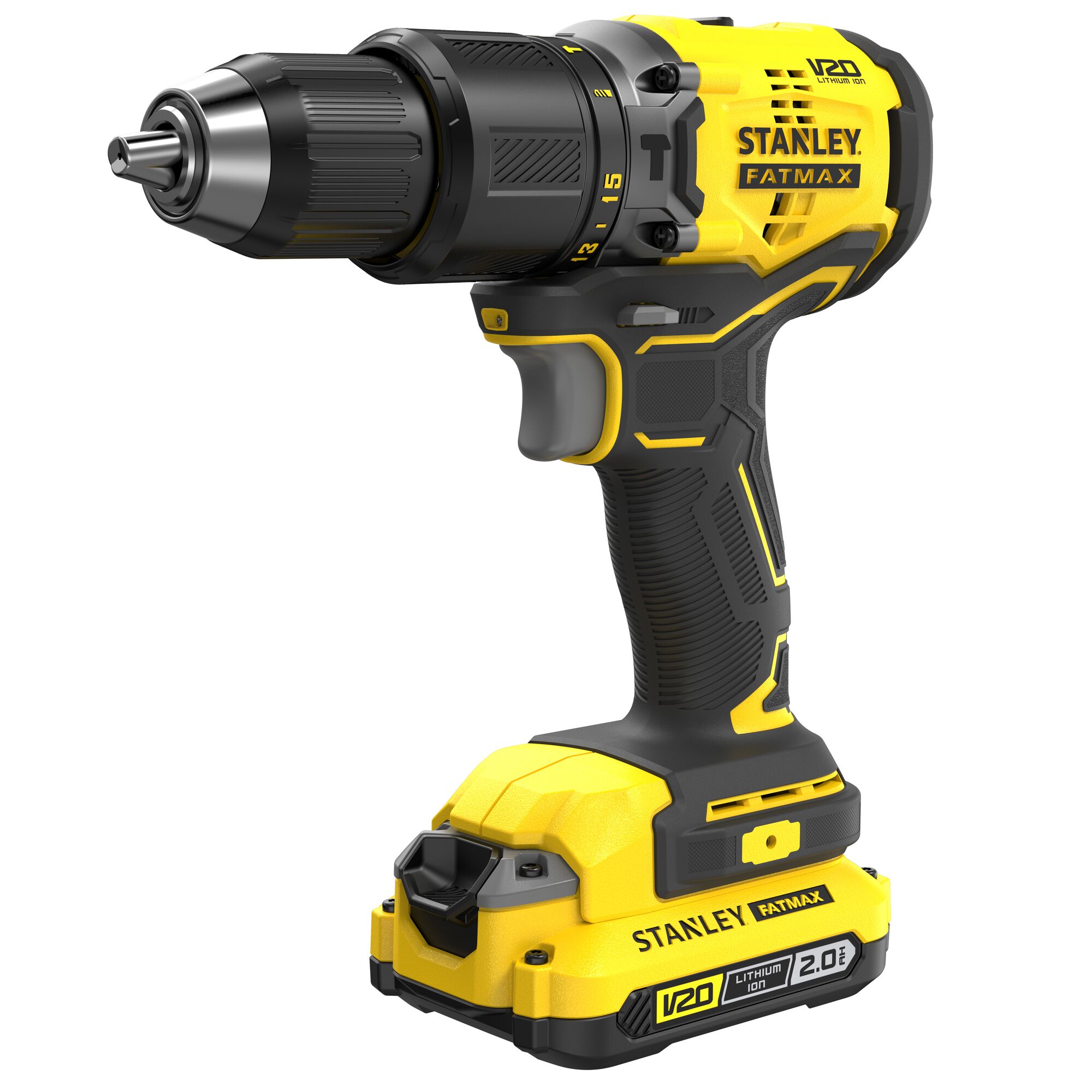 STANLEY SBD715D2K cordless drill with yellow and black design, side view on white background.