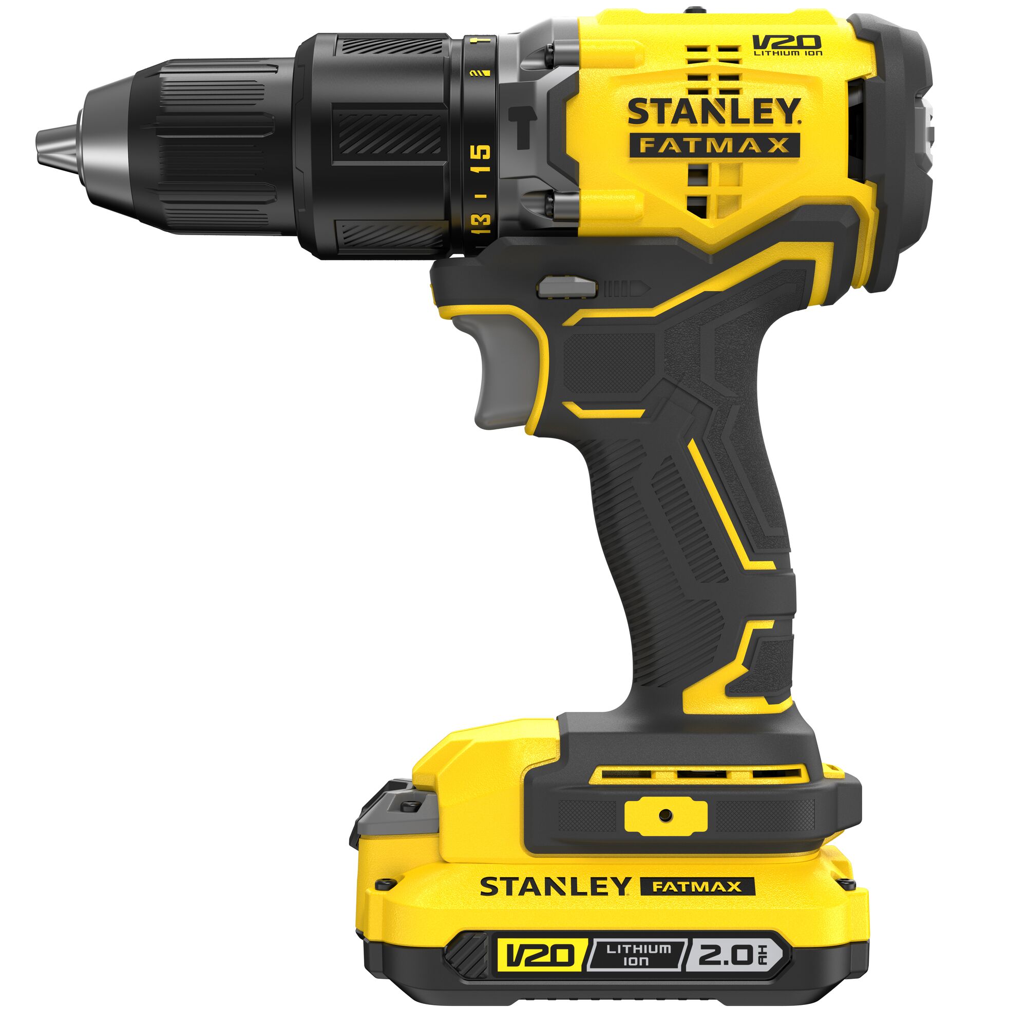STANLEY SBD715D2K cordless drill, yellow and black, side view, with V20 lithium-ion 2.0Ah battery, FATMAX series