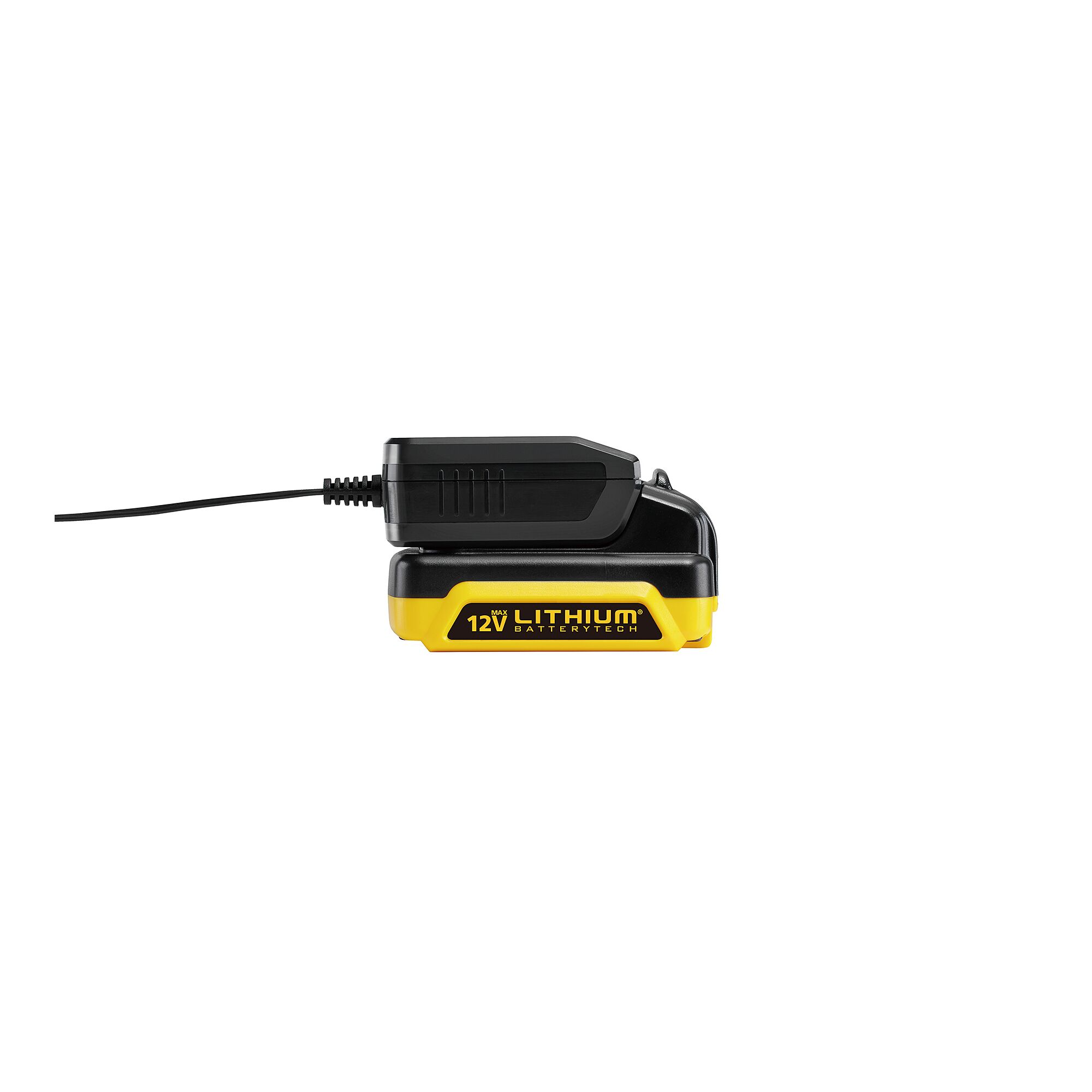 STANLEY SC122-BR 12V lithium battery charger, black and yellow, side view, on white background.