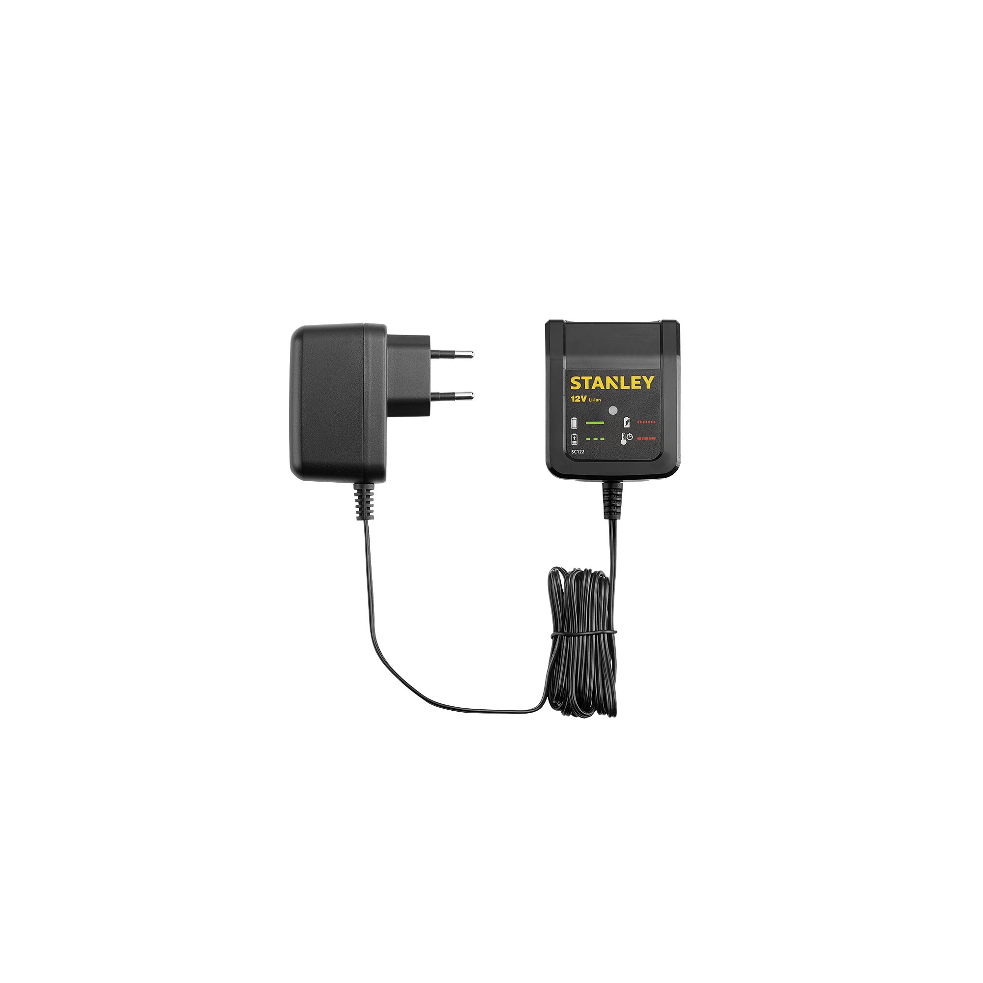 STANLEY SC122-BR black battery charger with EU plug and long power cord, front angle, on white background.